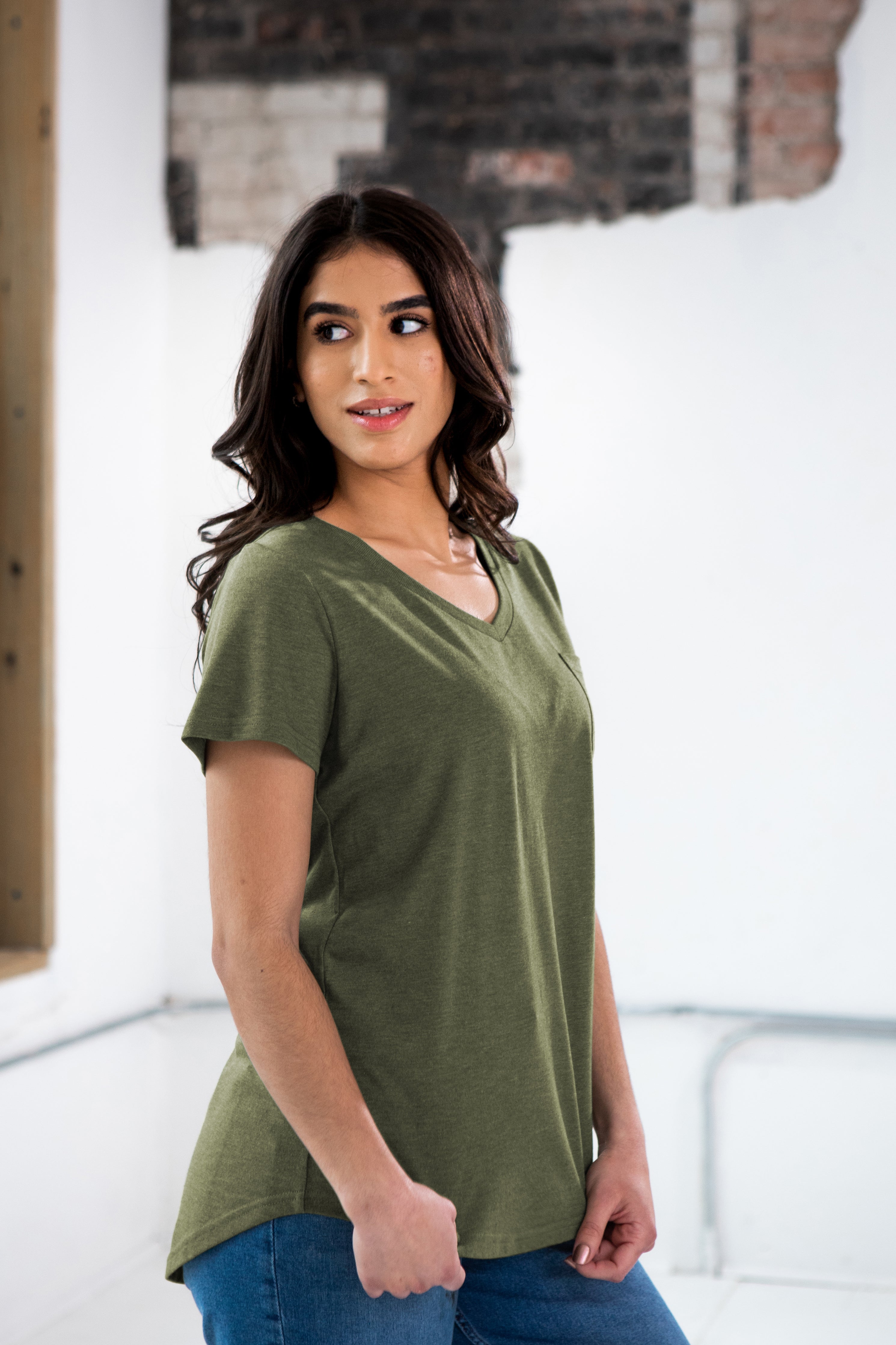 Ladies Eco-Triblend Drop Hem V-Neck Pocket Tee