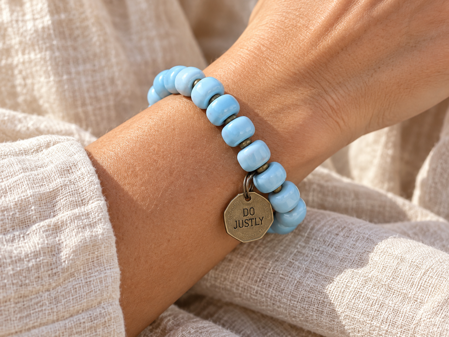 Ceramic Coin Bracelet - Do Justly - Light Blue