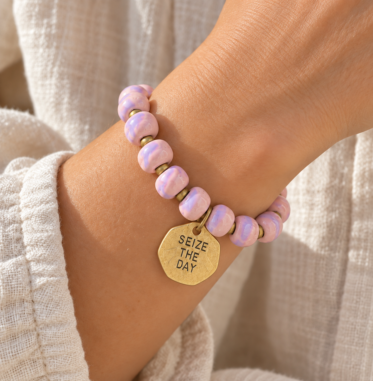 Ceramic Coin Bracelet - Seize the Day - Pink