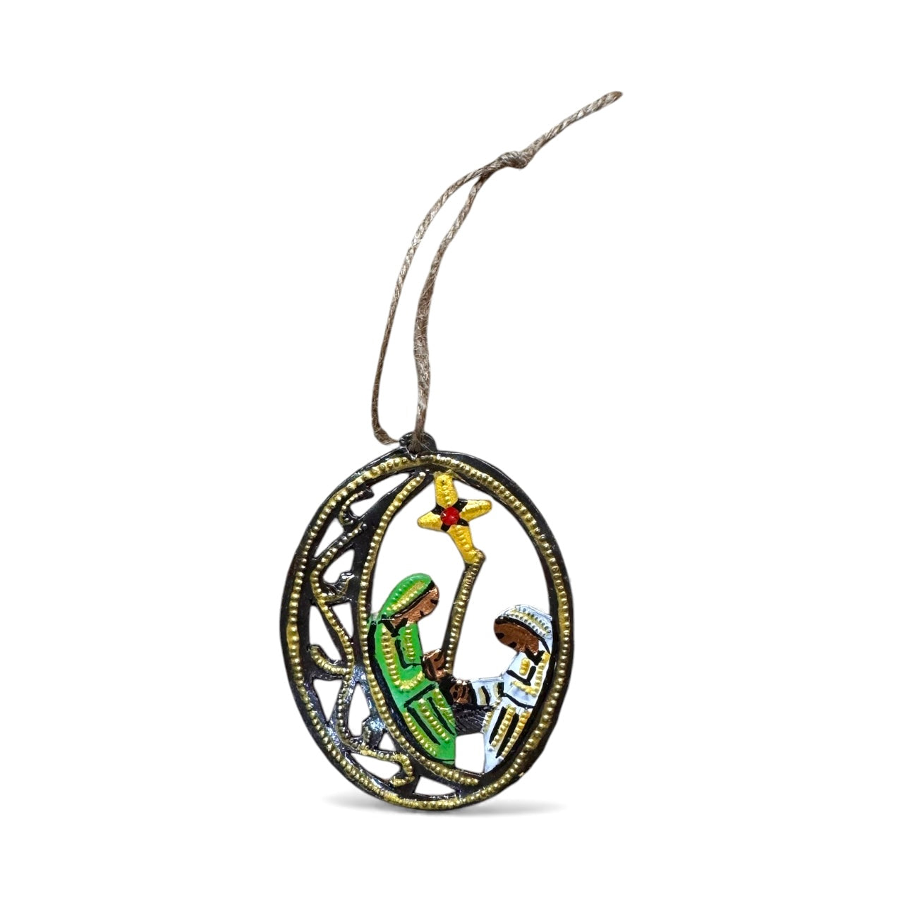 Oval Nativity Ornament- Painted (Green-Yellow)
