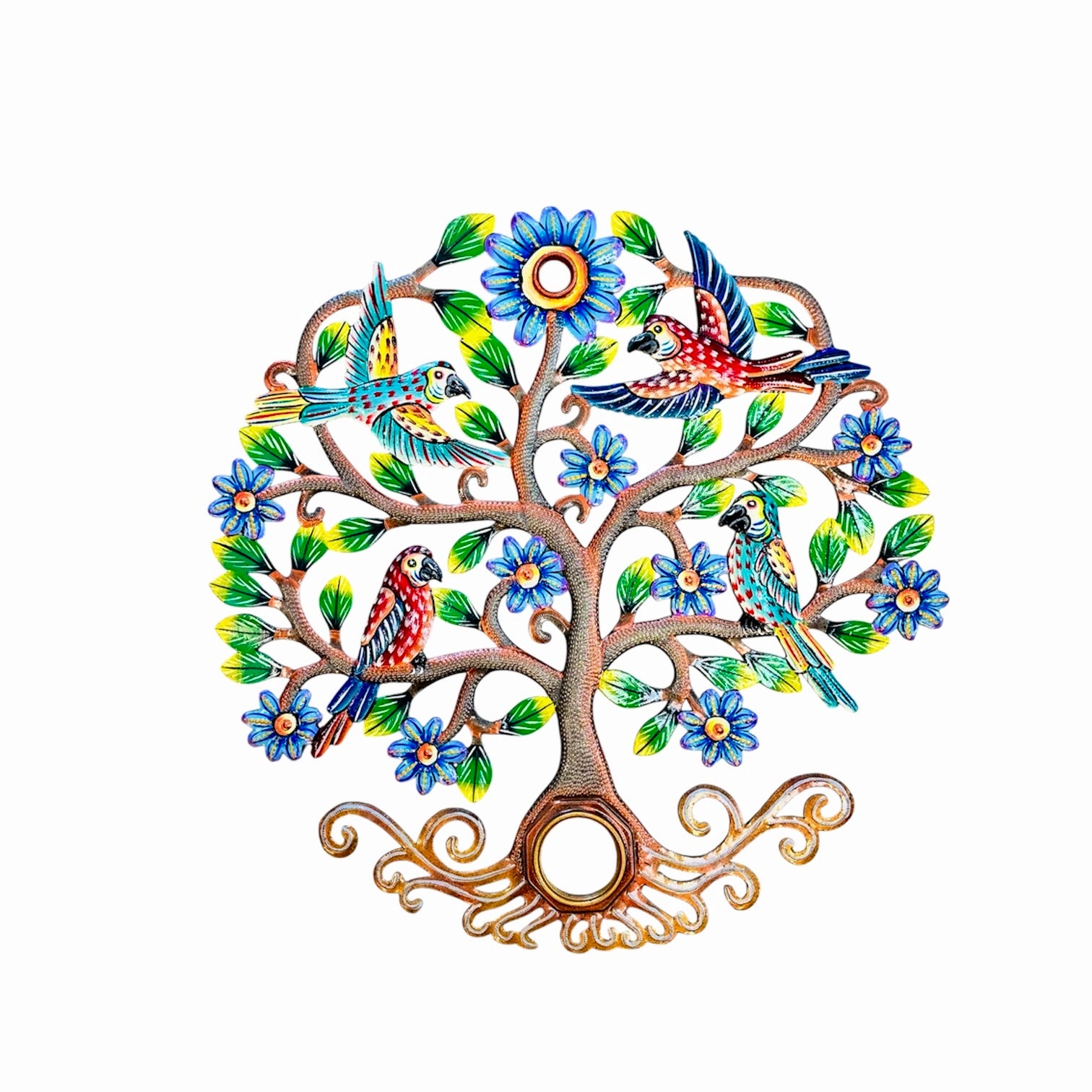 Oil Drum Top Four Parrots in Tree