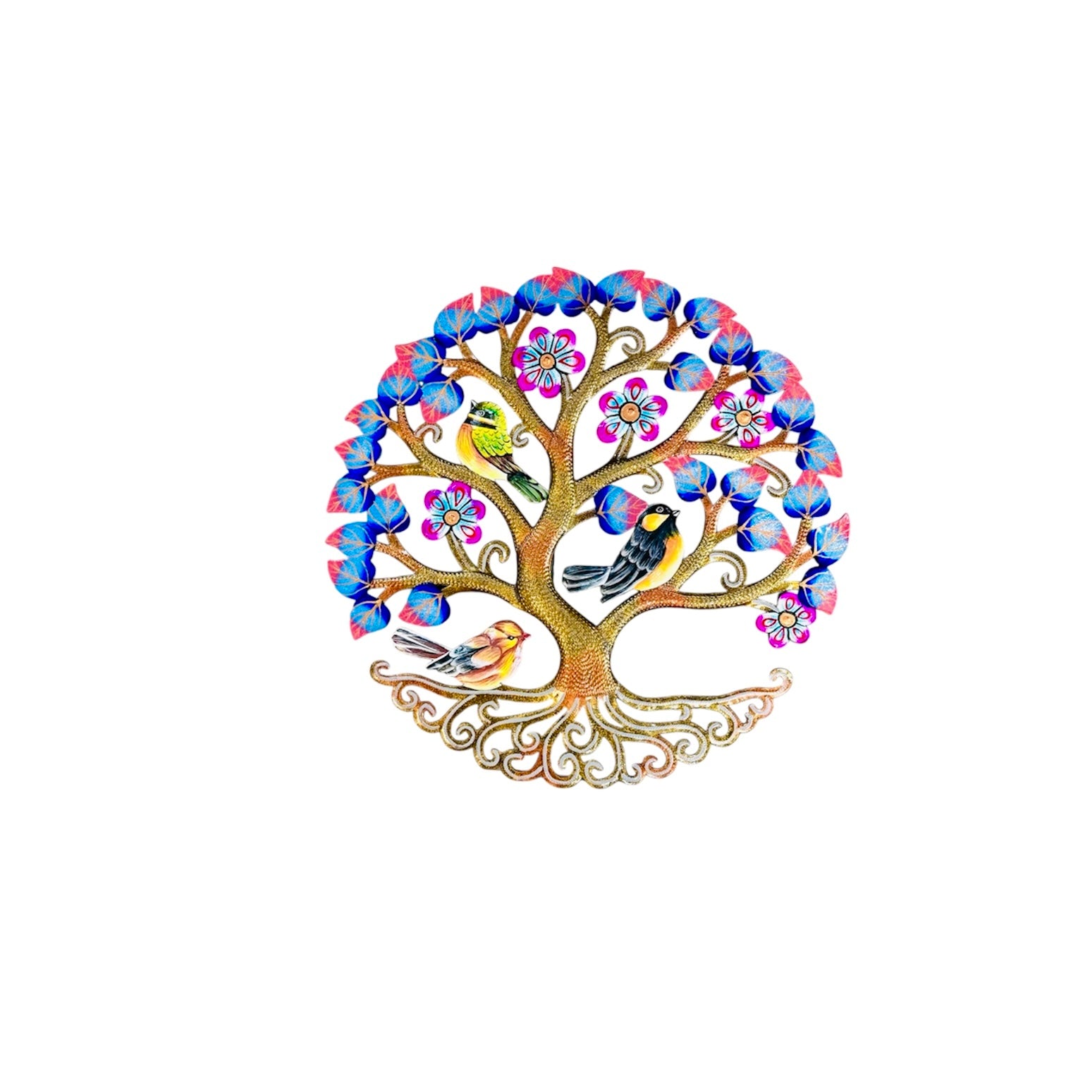 Medium Blue Pink Leaves and Birds Tree of Life