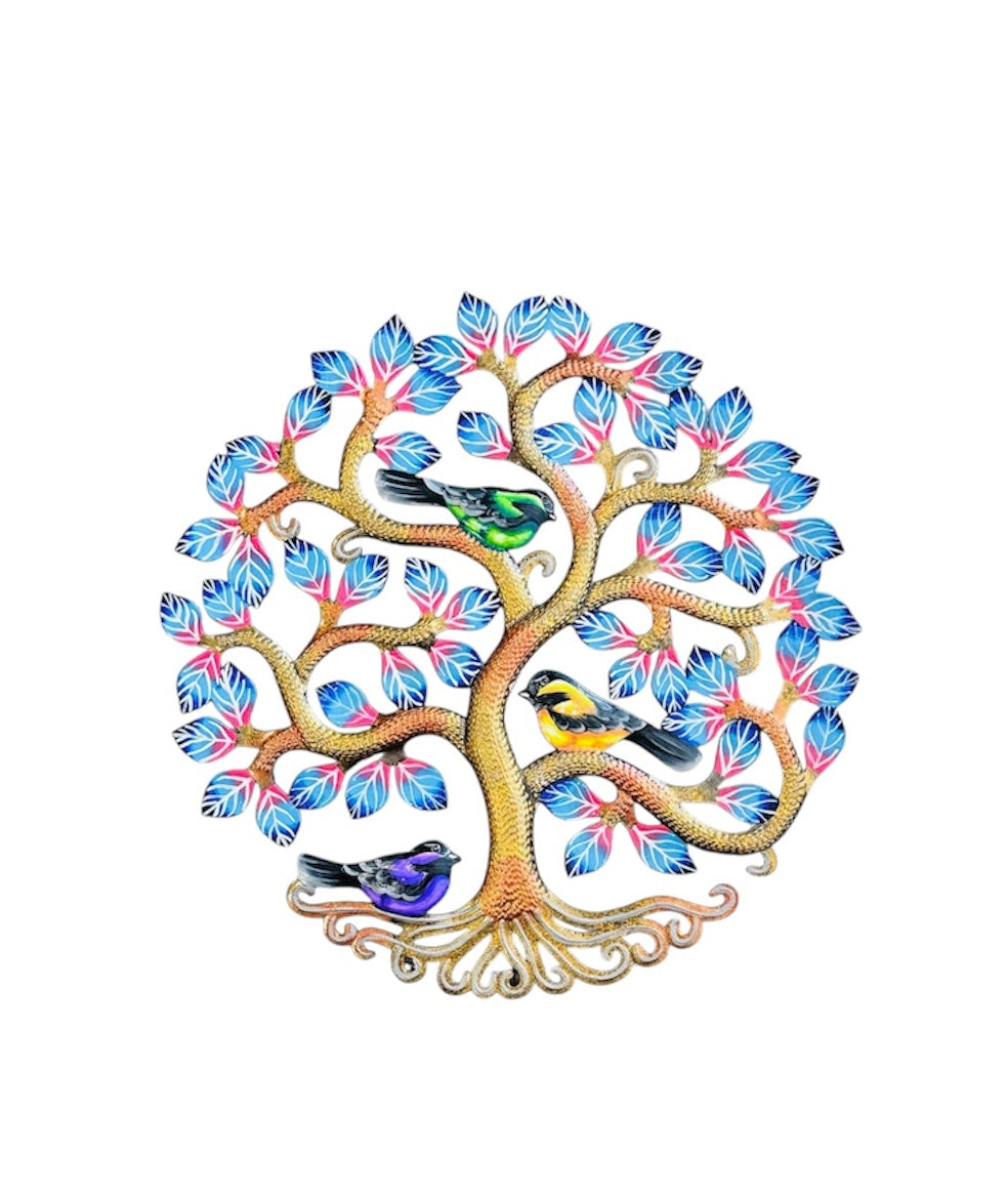 Medium Pink Blue Three Birds Tree of Life