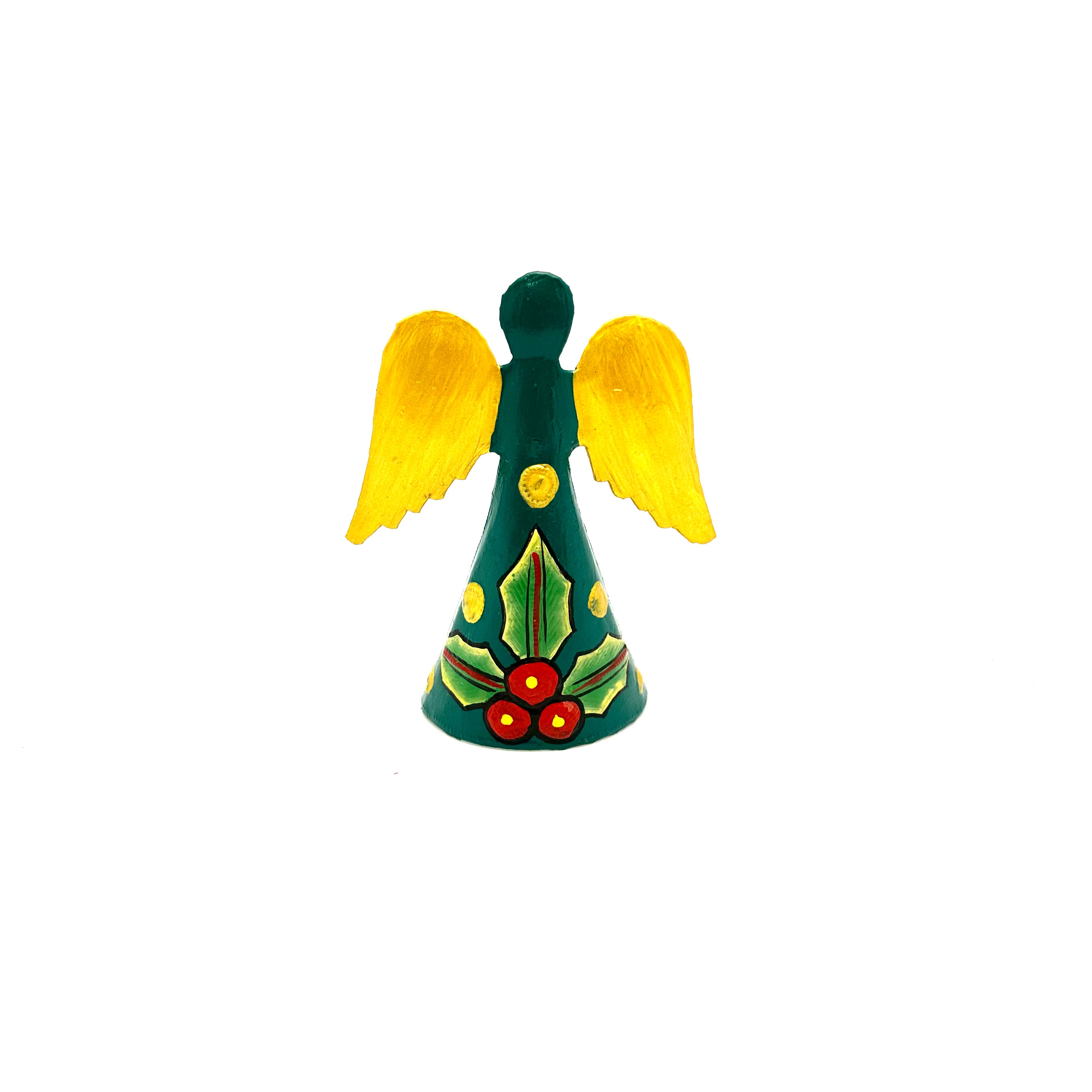 A handcrafted metal angel figurine with green body and yellow wings, decorated with painted details and standing 4.5 inches tall.