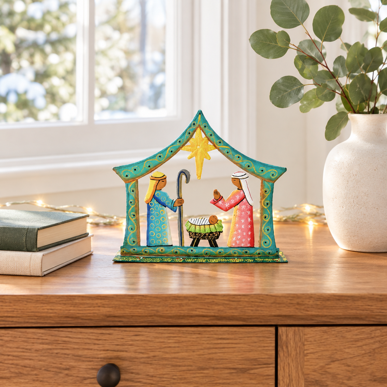 Haitian metal art turquoise nativity Romario St Claude hand-crafted — wholesale gift shop fair trade