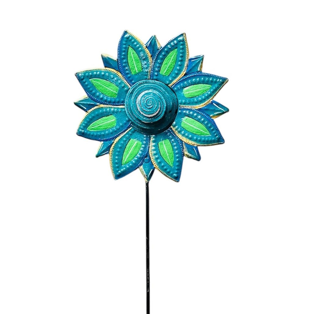 3-D Elaborate Blue and Green Flower Garden Stake