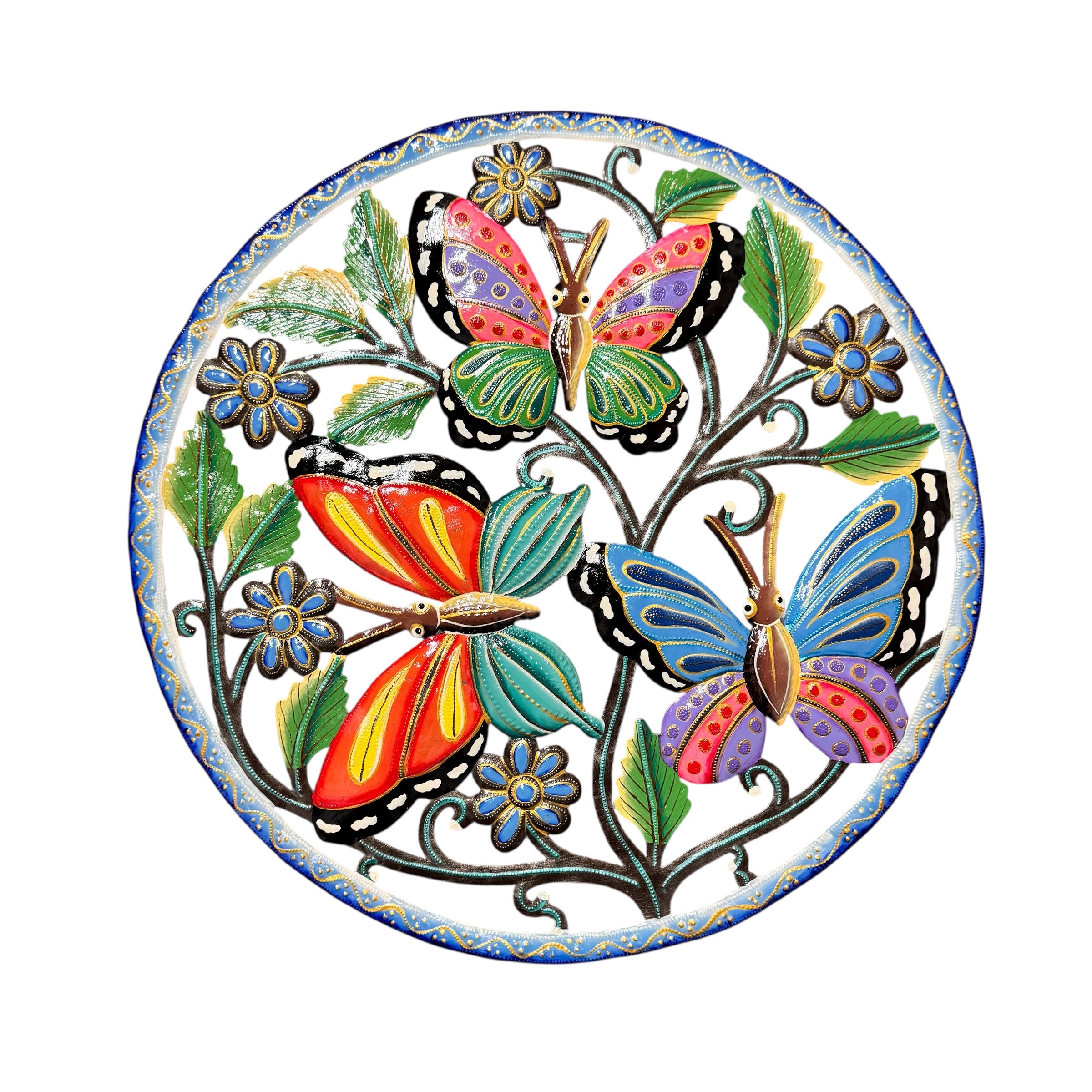 Large Three Butterflies- Blue Border