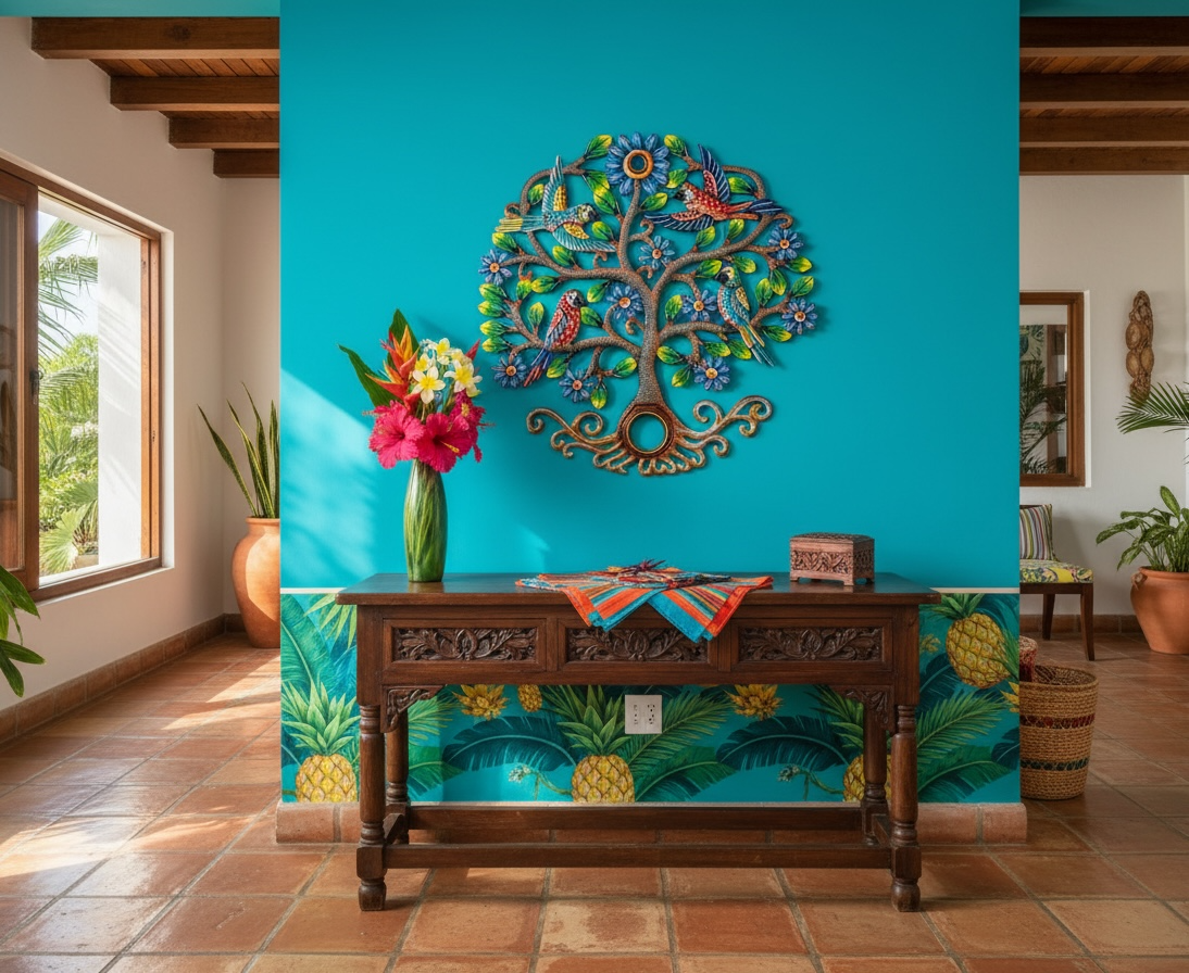 Oil Drum Top Four Parrots in Tree