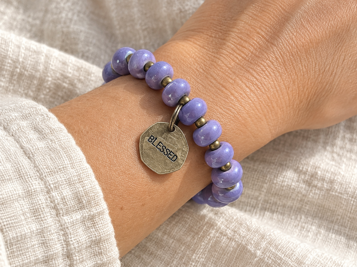 Ceramic Coin Bracelet - Blessed - Light Purple