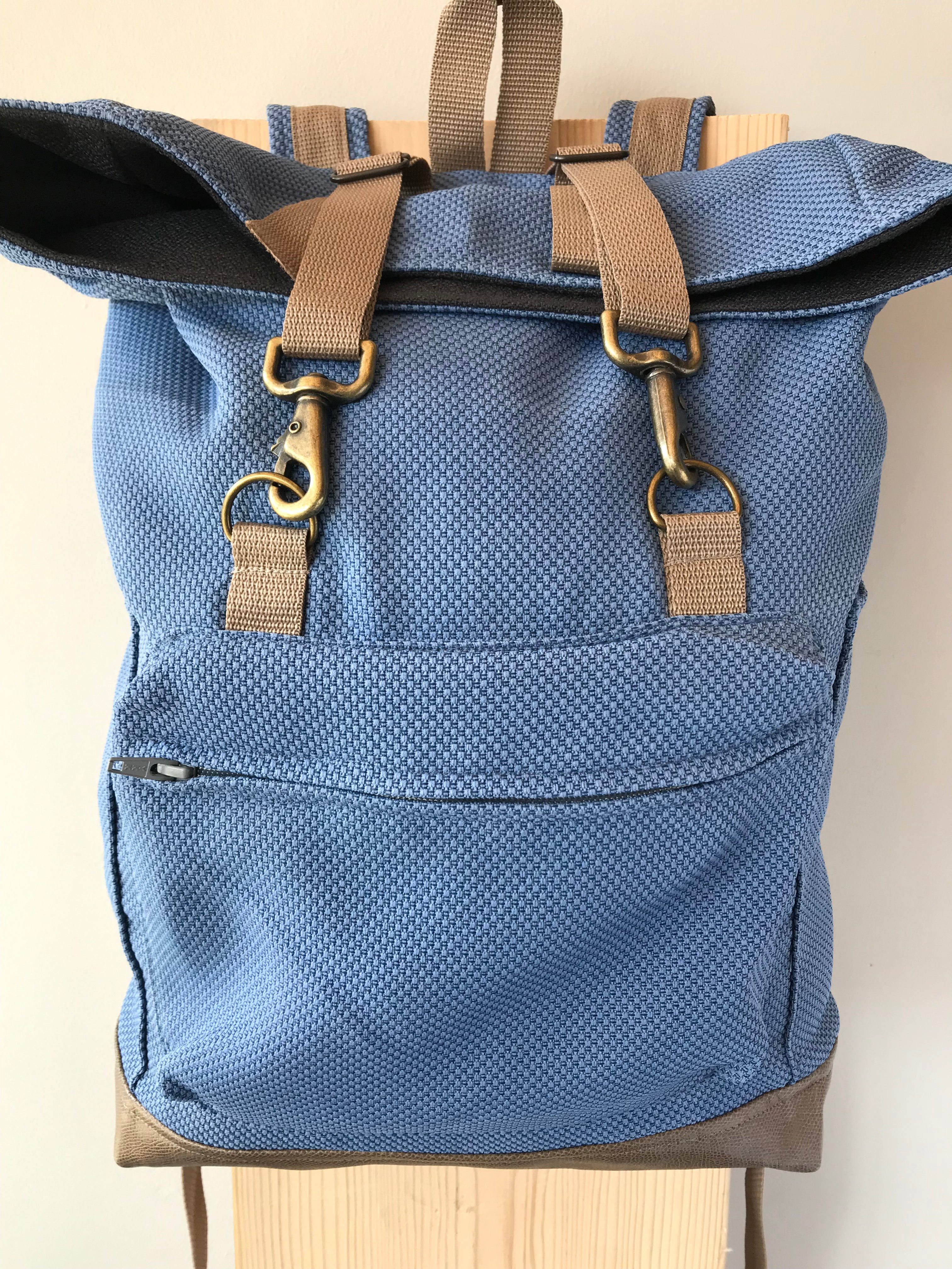 blue backpack with leather bottom Fold-over Backpack