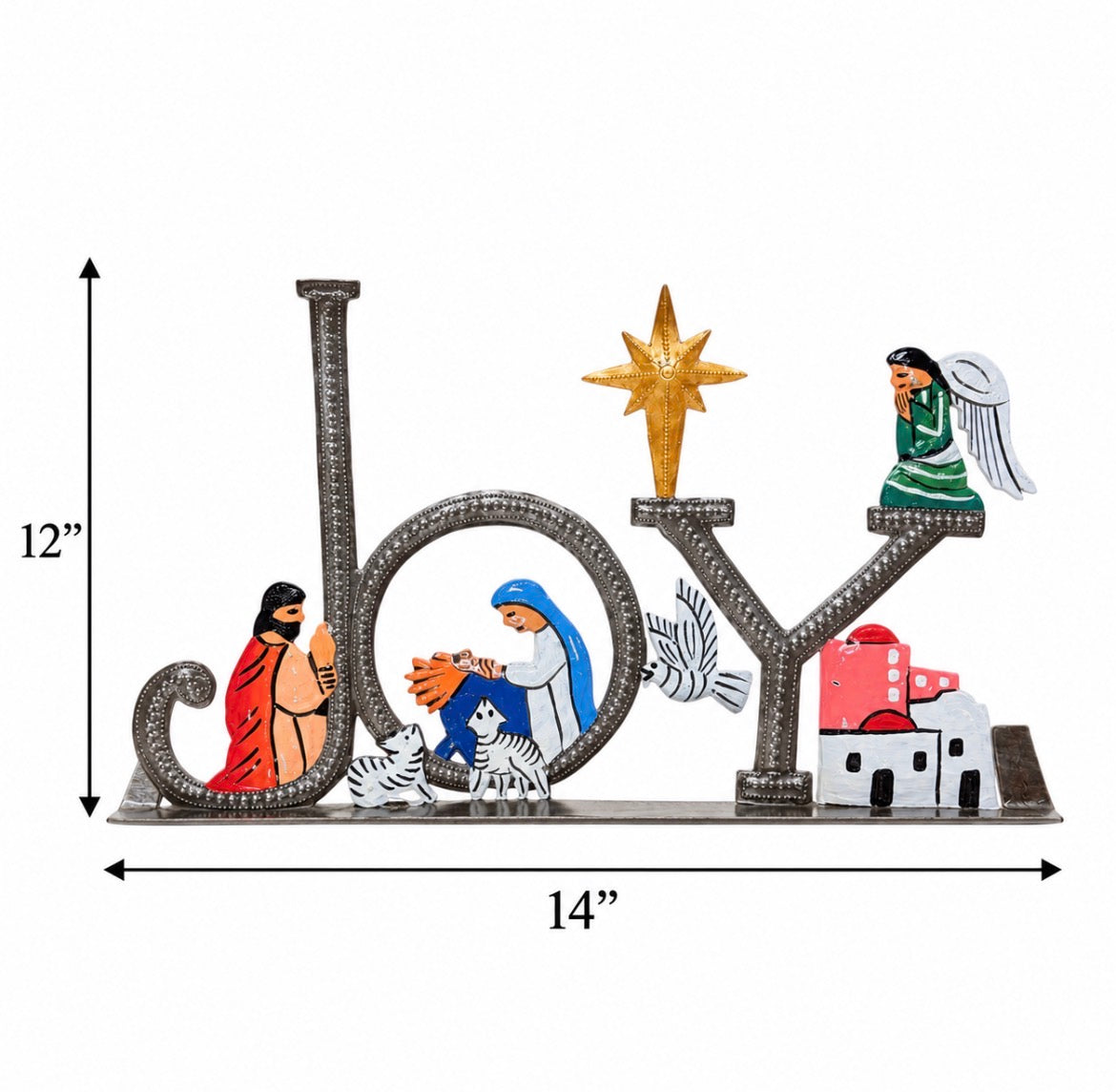 Joy nativity painted hand-hammered recycled steel drum Haiti 12 inch — fair trade Christmas display boutique