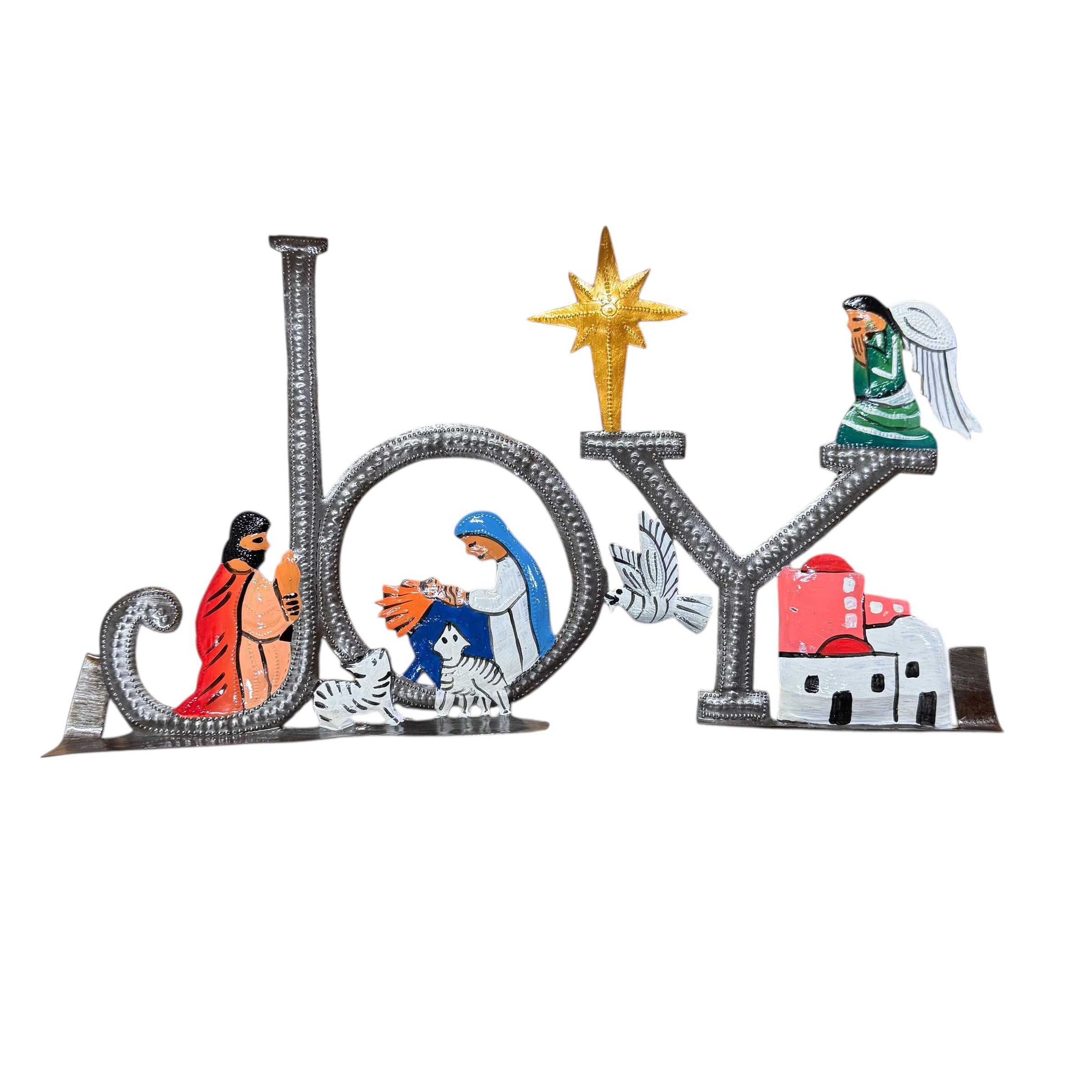 Joy nativity painted hand-hammered recycled steel drum Haiti 12 inch — fair trade Christmas display boutique