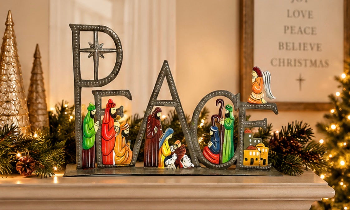 Peace nativity painted hand-hammered recycled steel drum Haiti 18 inch — fair trade Christmas display boutique
