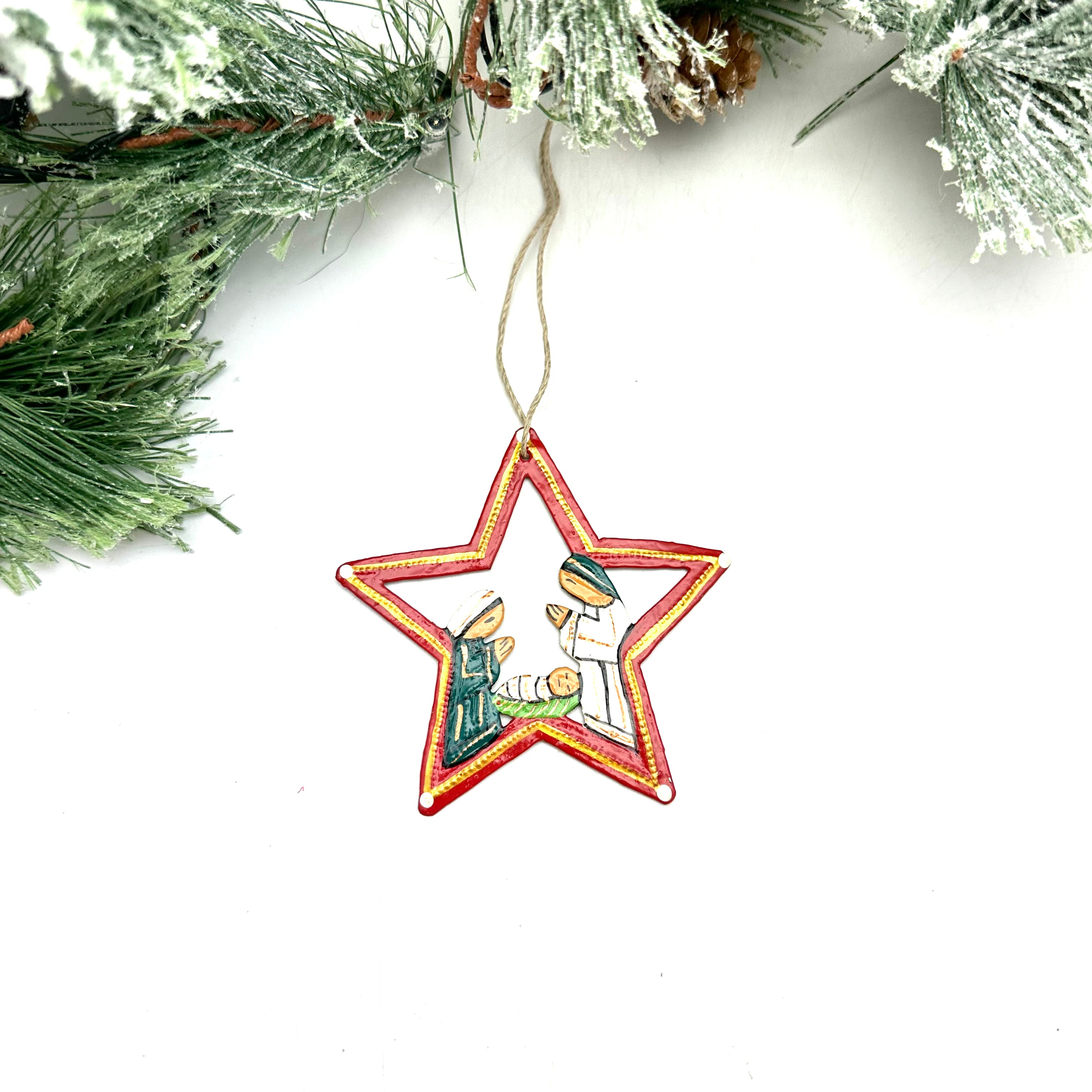 Red painted star nativity ornament handmade recycled steel drum Haiti 3.5 inch — fair trade Christmas gift boutique