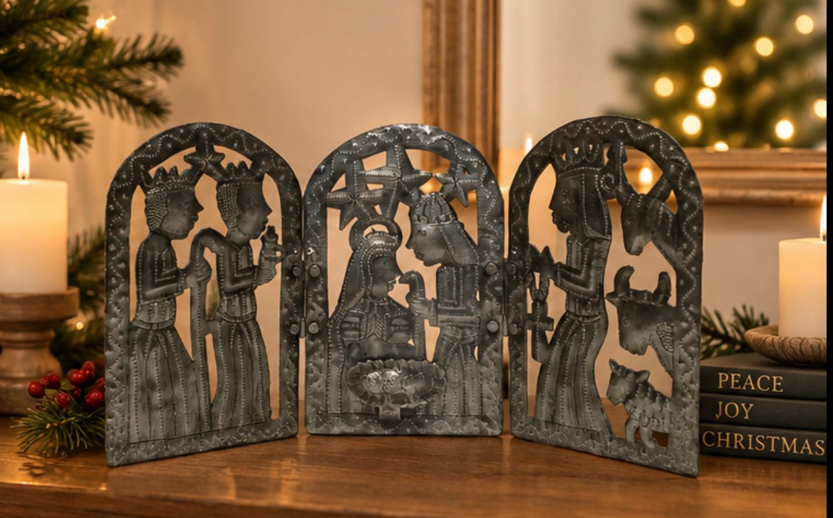 Trifold nativity scene handmade recycled steel drum Haiti 15 inch — fair trade Christmas display boutique