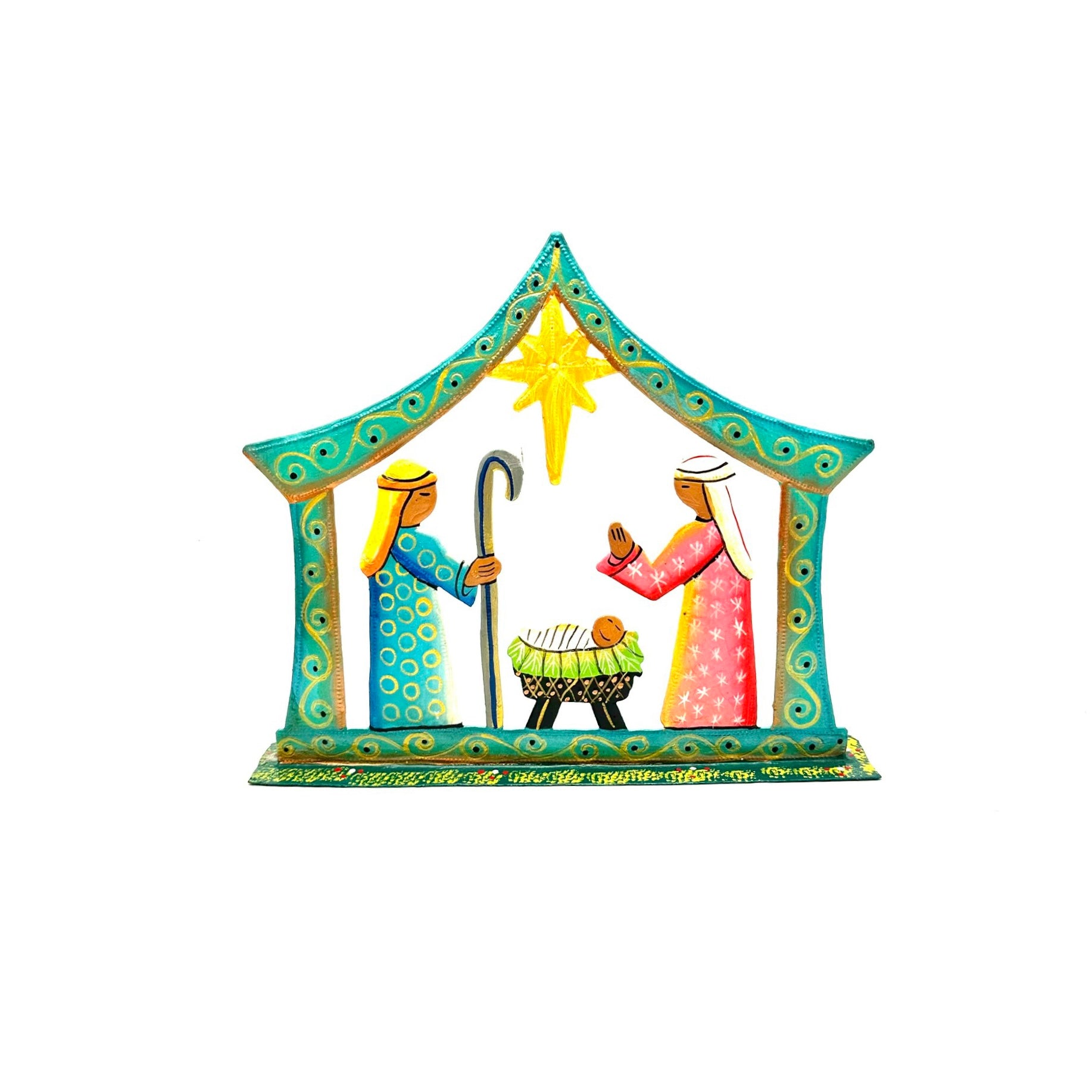 Haitian metal art turquoise nativity Romario St Claude hand-crafted — wholesale gift shop fair trade