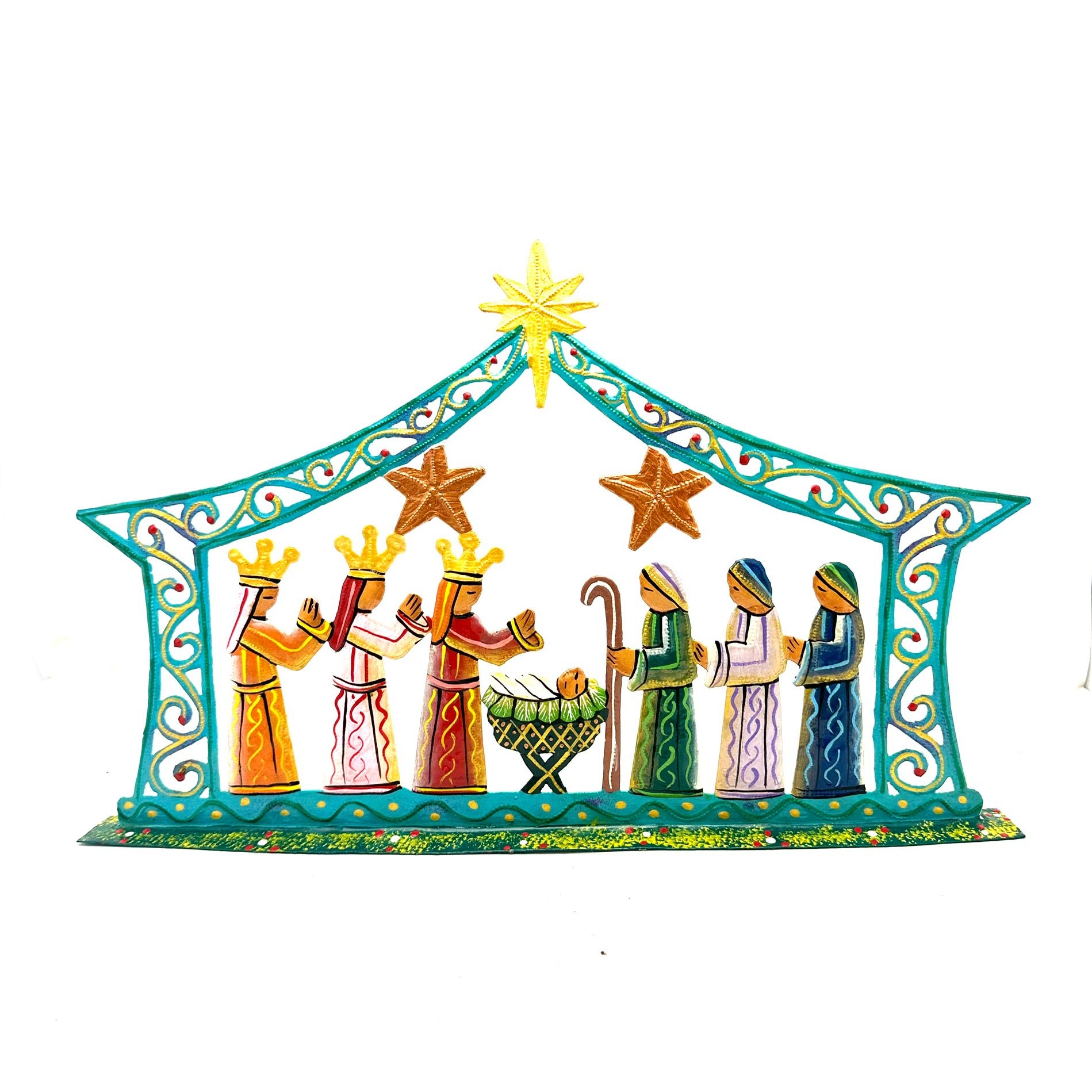 Haitian metal art turquoise nativity standing one-of-a-kind — wholesale boutique gift shop fair trade