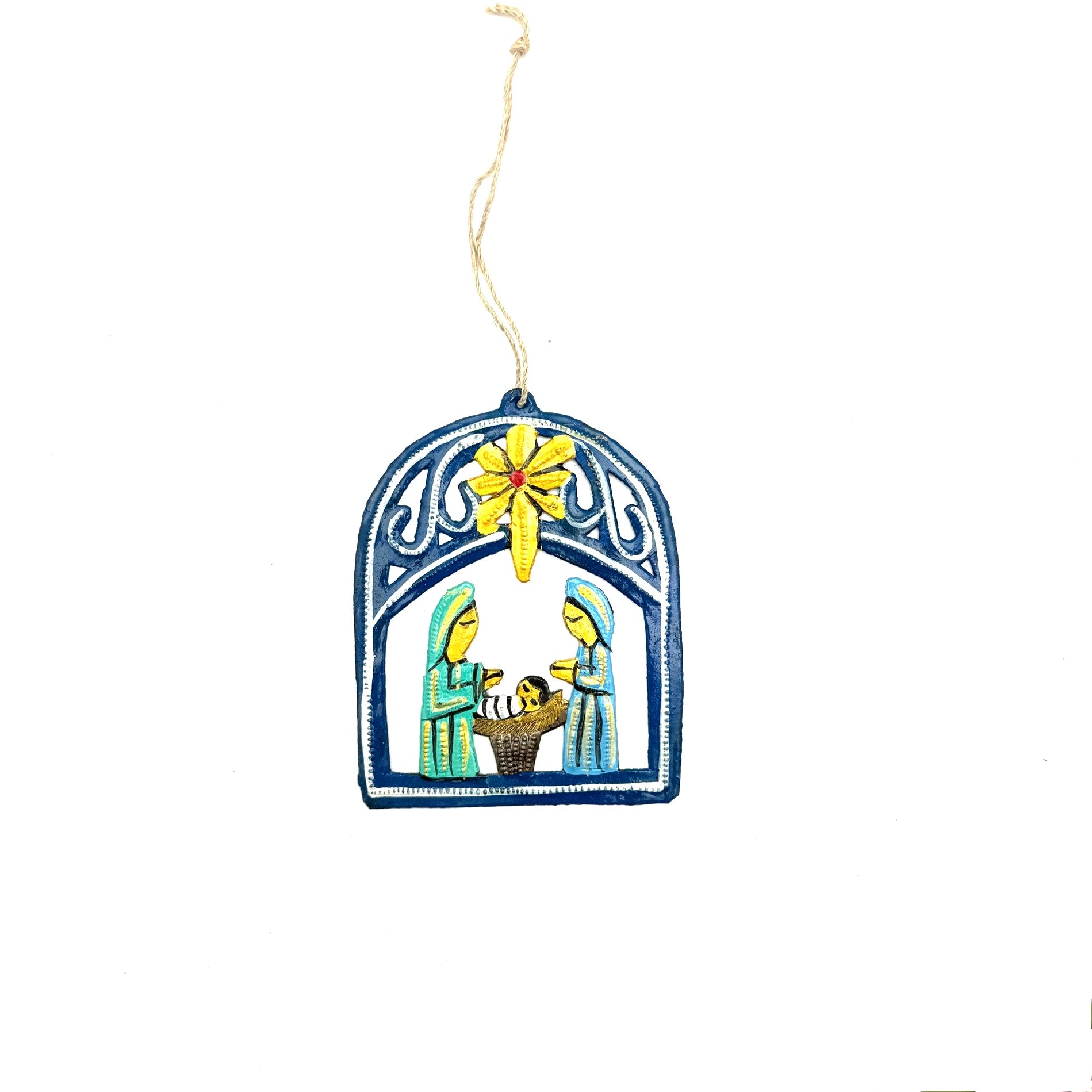 Blue arched nativity ornament handmade from recycled steel drum by Haitian artisan