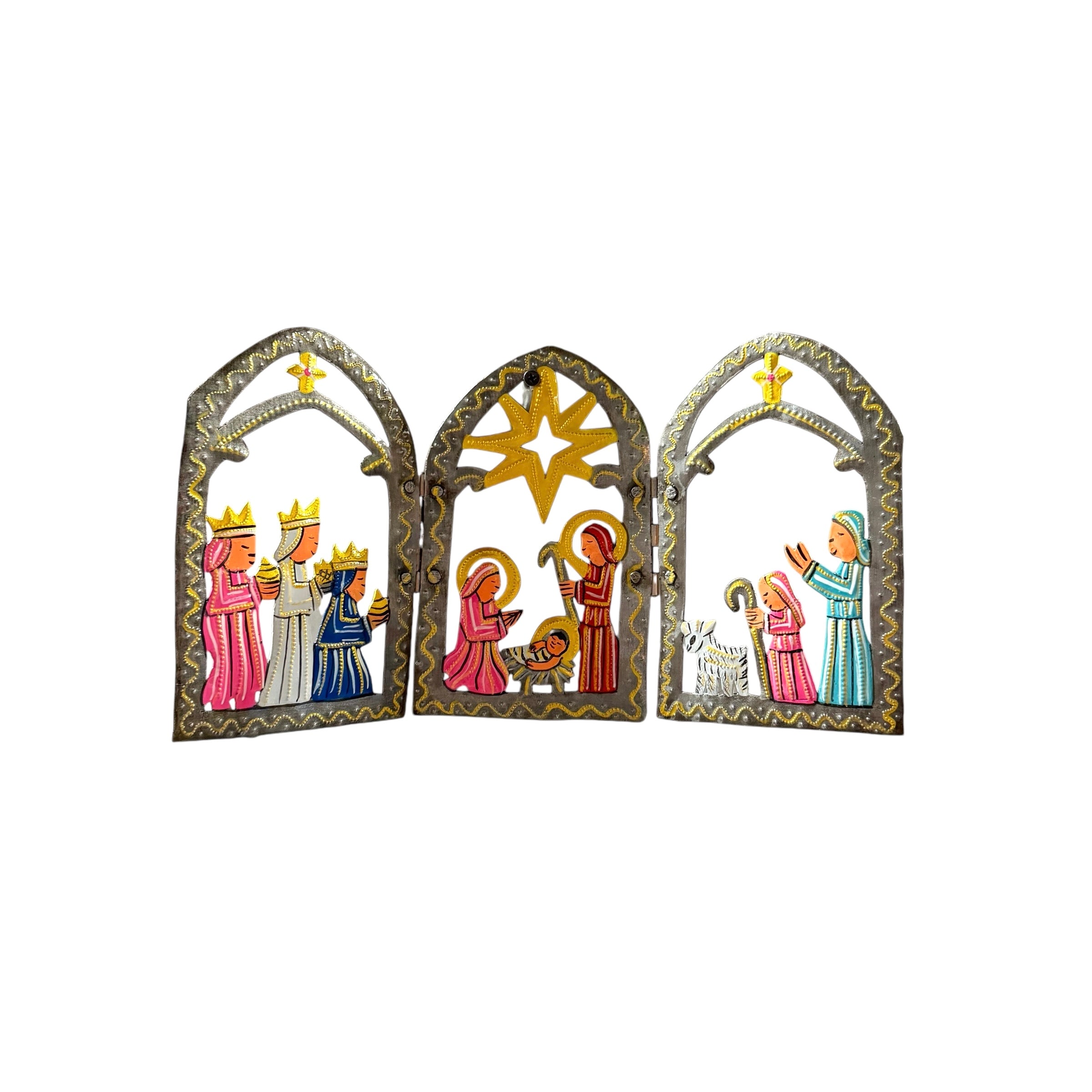 Jean Marie painted trifold gothic nativity large Haitian steel drum metal art Christmas