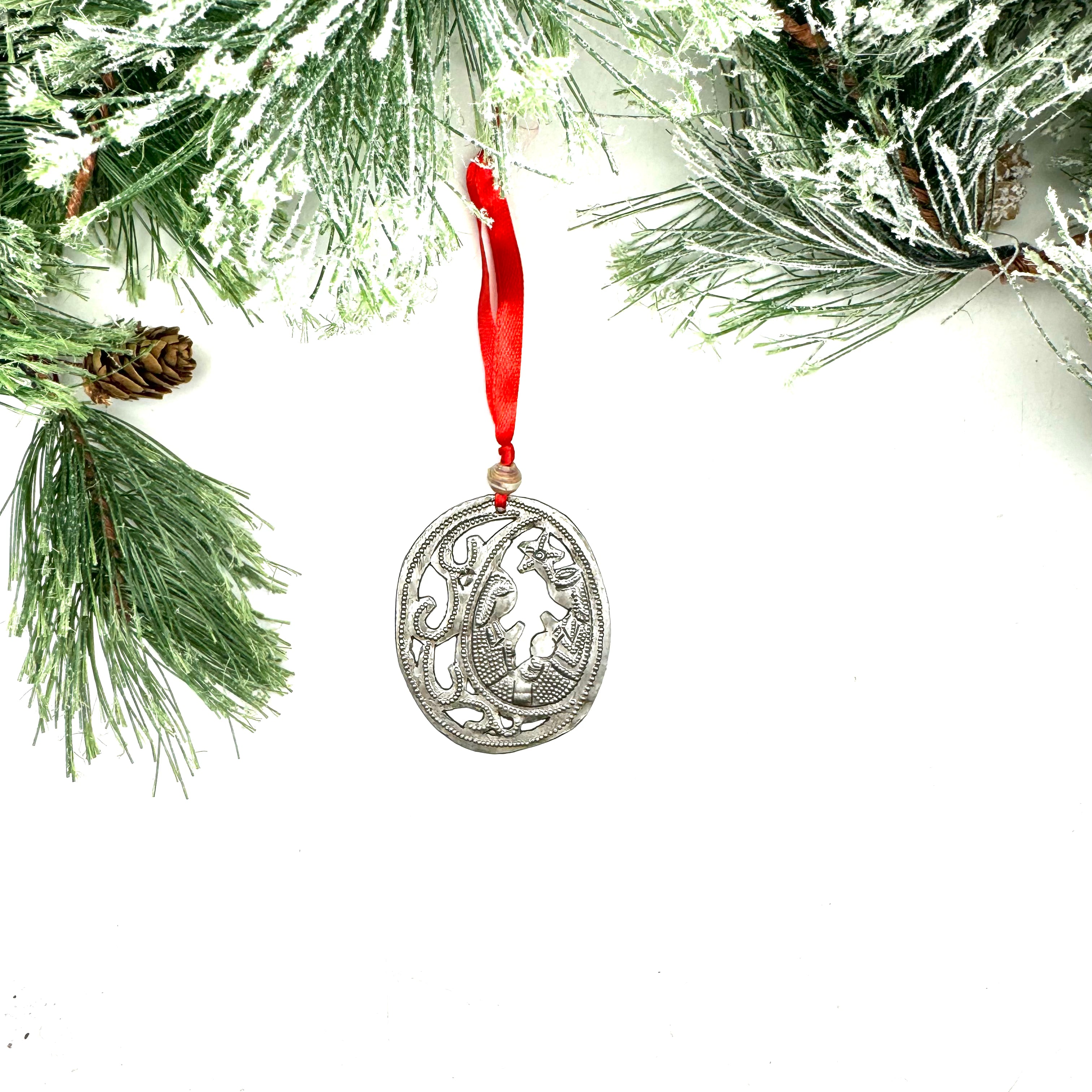Mini oval nativity ornament handmade Haitian recycled steel drum small Christmas
