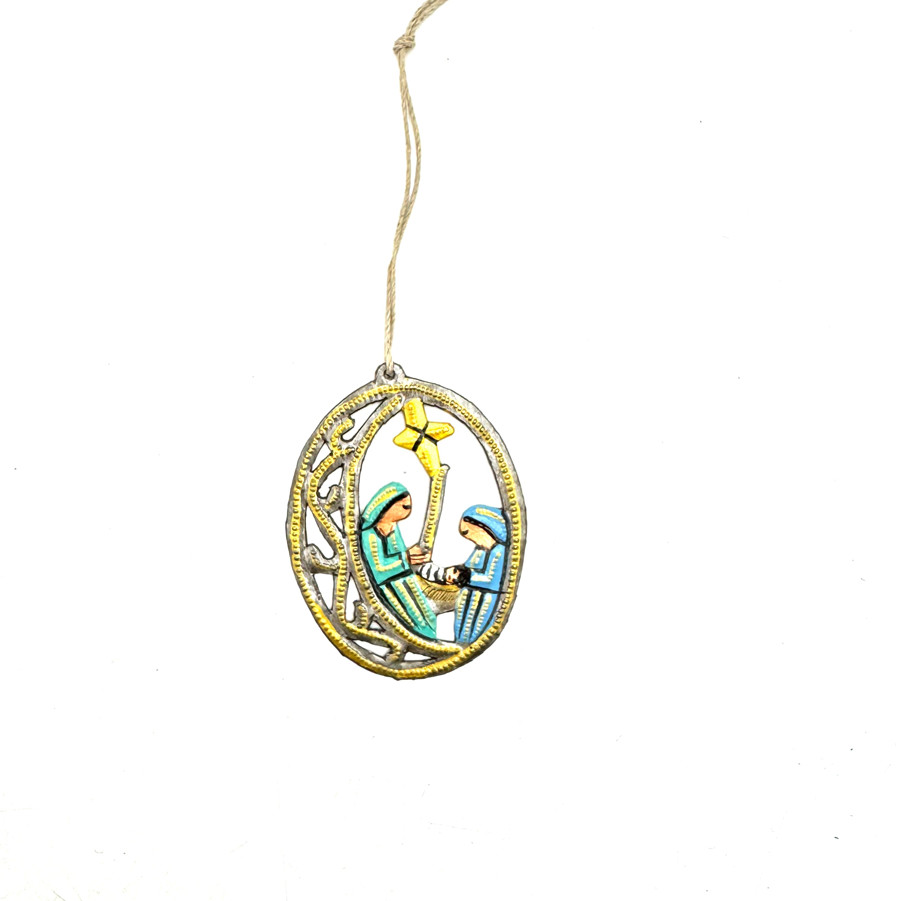 Oval nativity ornament painted green turquoise handmade Haitian steel drum Christmas
