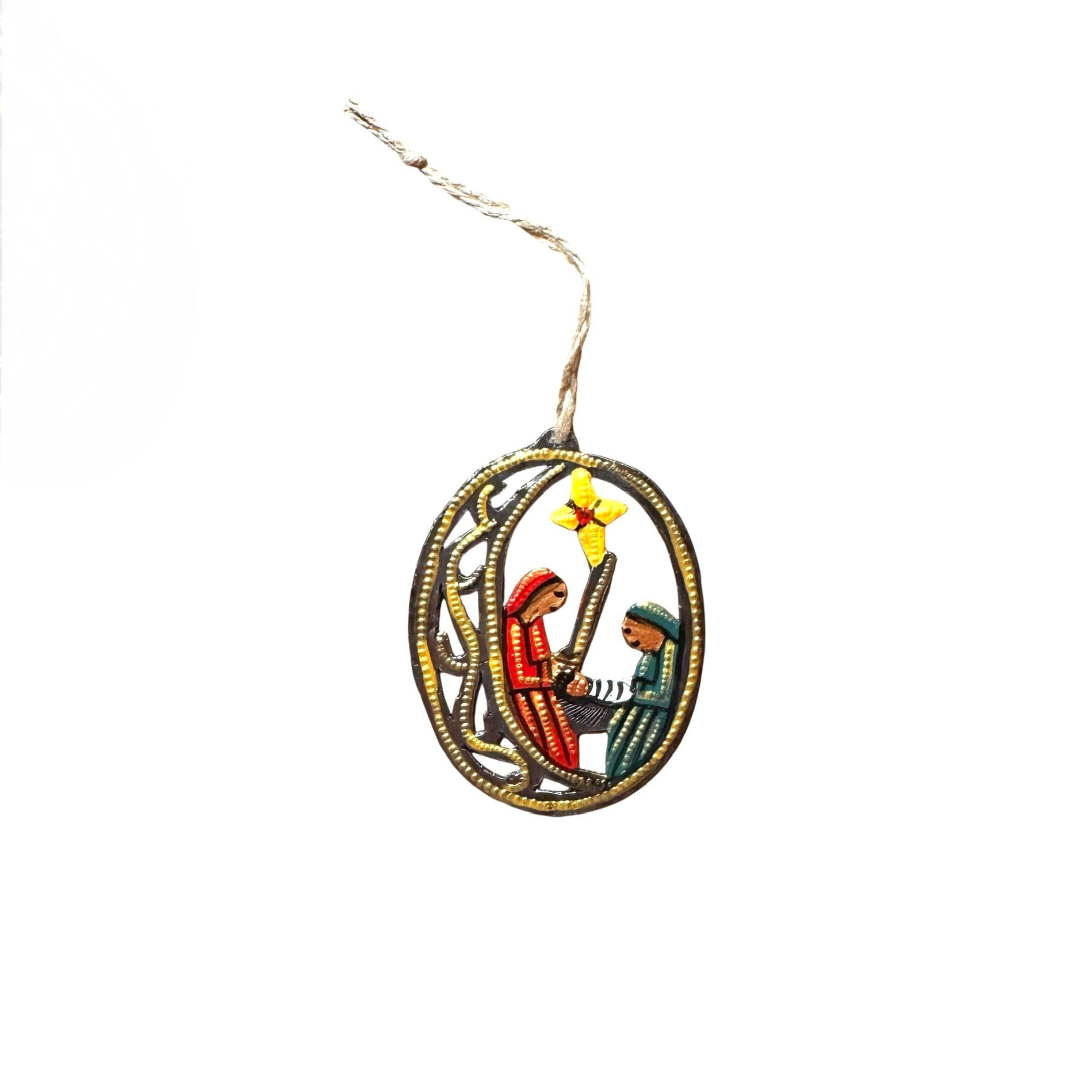 Oval nativity ornament red green hand painted Haitian recycled steel drum Christmas