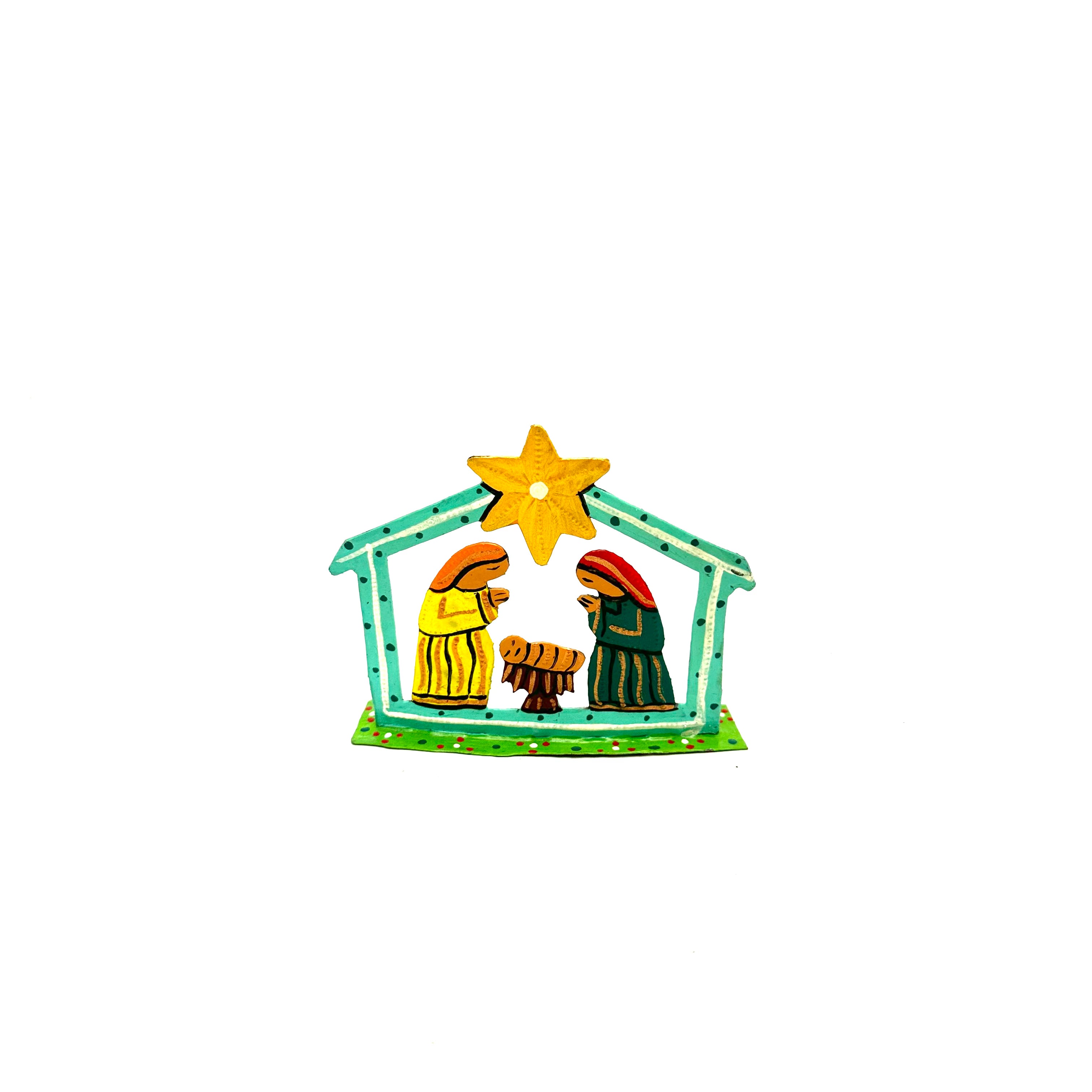 Small painted turquoise nativity scene handmade from recycled steel drum by Haitian artisan