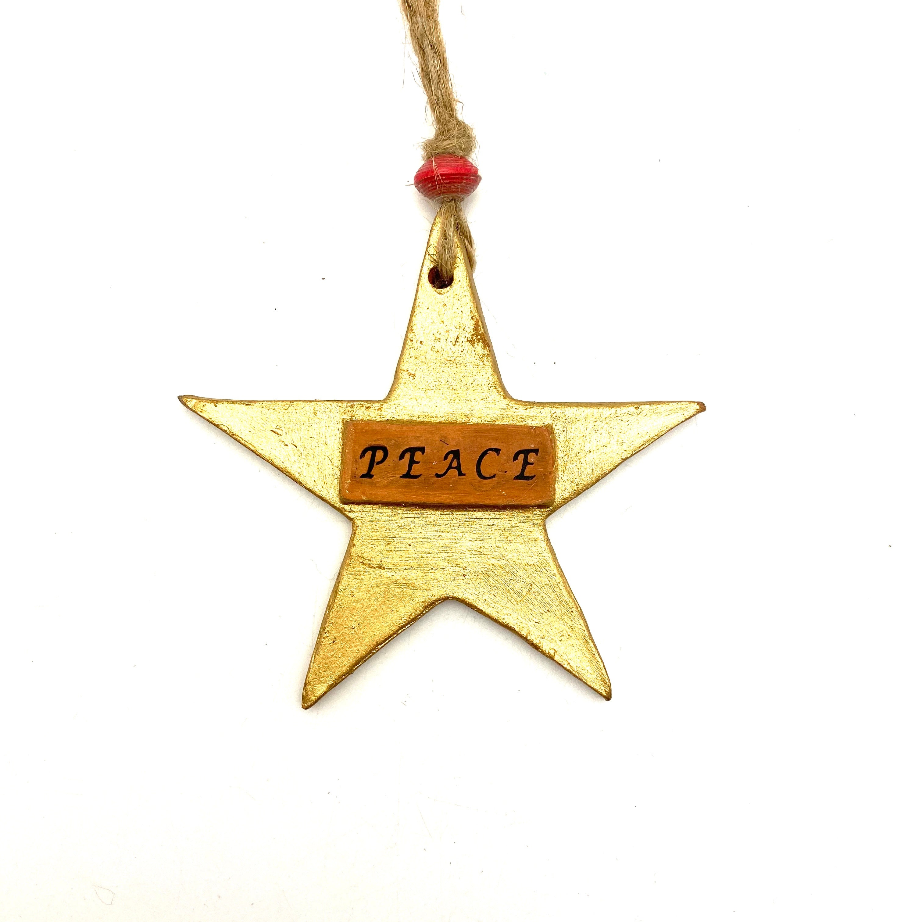 Gold peace ceramic star ornament handmade Haiti fair trade — 5 inch holiday Christmas gift