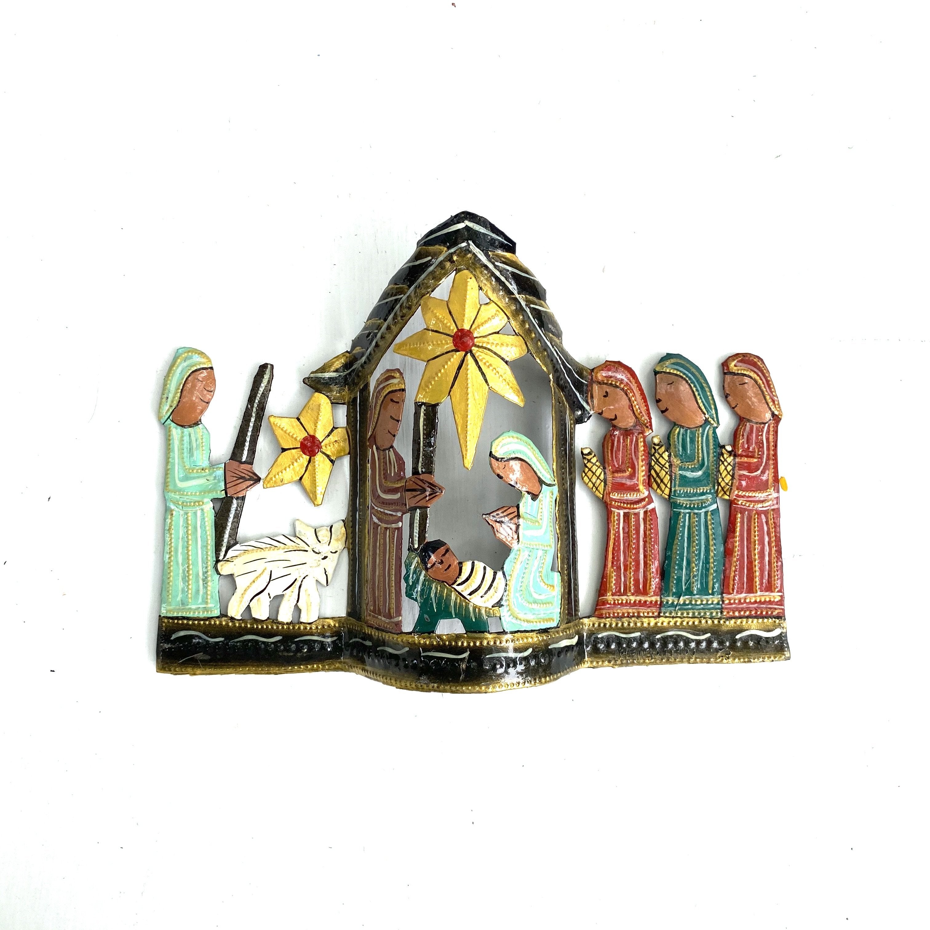 Green red steel drum nativity scene handmade recycled Haiti — fair trade Christmas decor boutique display