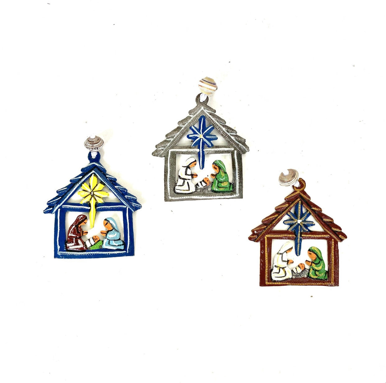 Haitian metal art nativity star ornament 3 inch blue brown brushed metal — wholesale gift shop