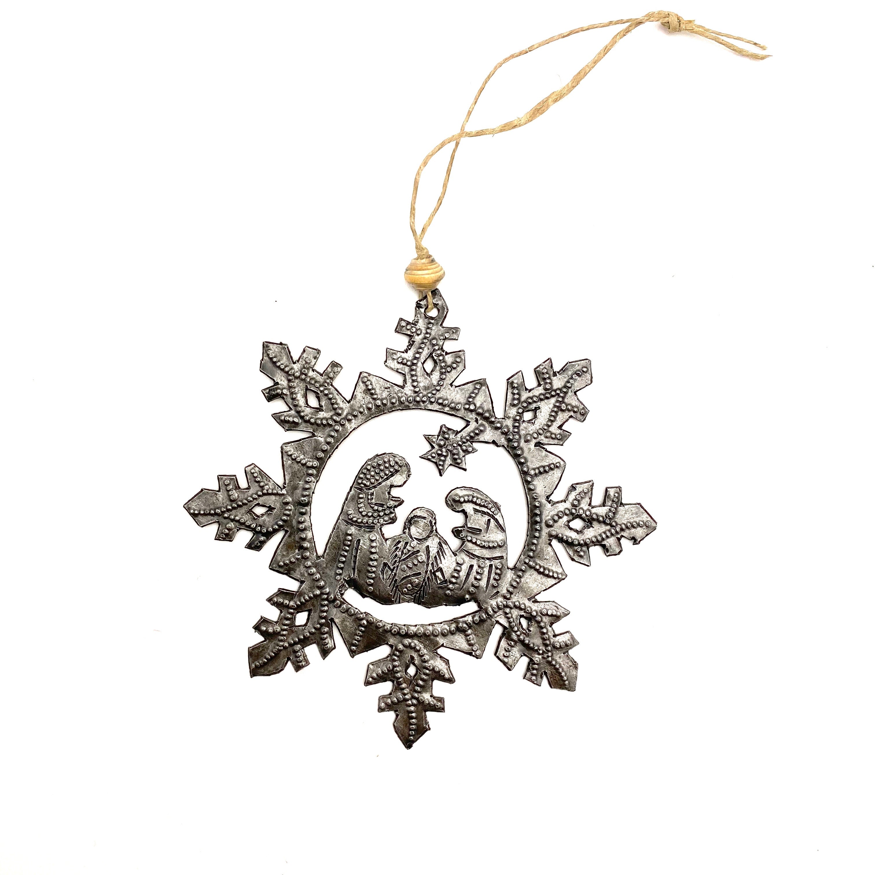 Snowflake nativity ornament handmade recycled steel drum Haiti 4x4 inch — fair trade Christmas boutique