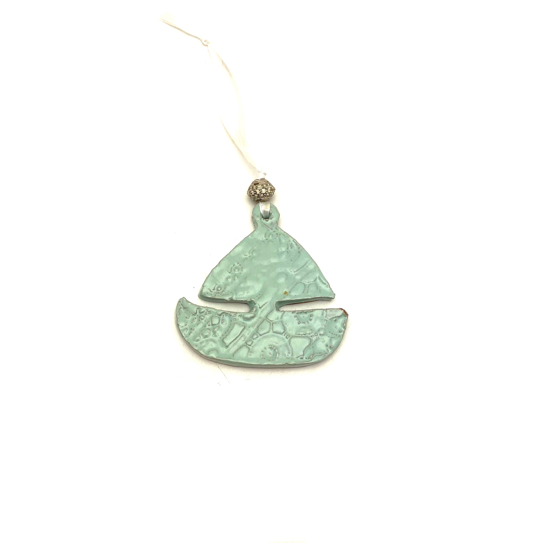 Handmade sailboat ceramic ornament Haiti fair trade — white lace coastal holiday decor