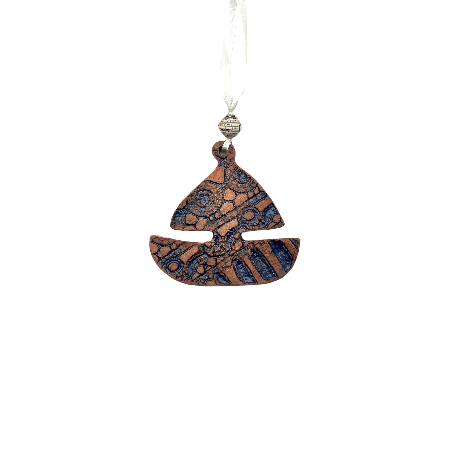 Handmade sailboat ceramic ornament Haiti fair trade — white lace coastal holiday decor