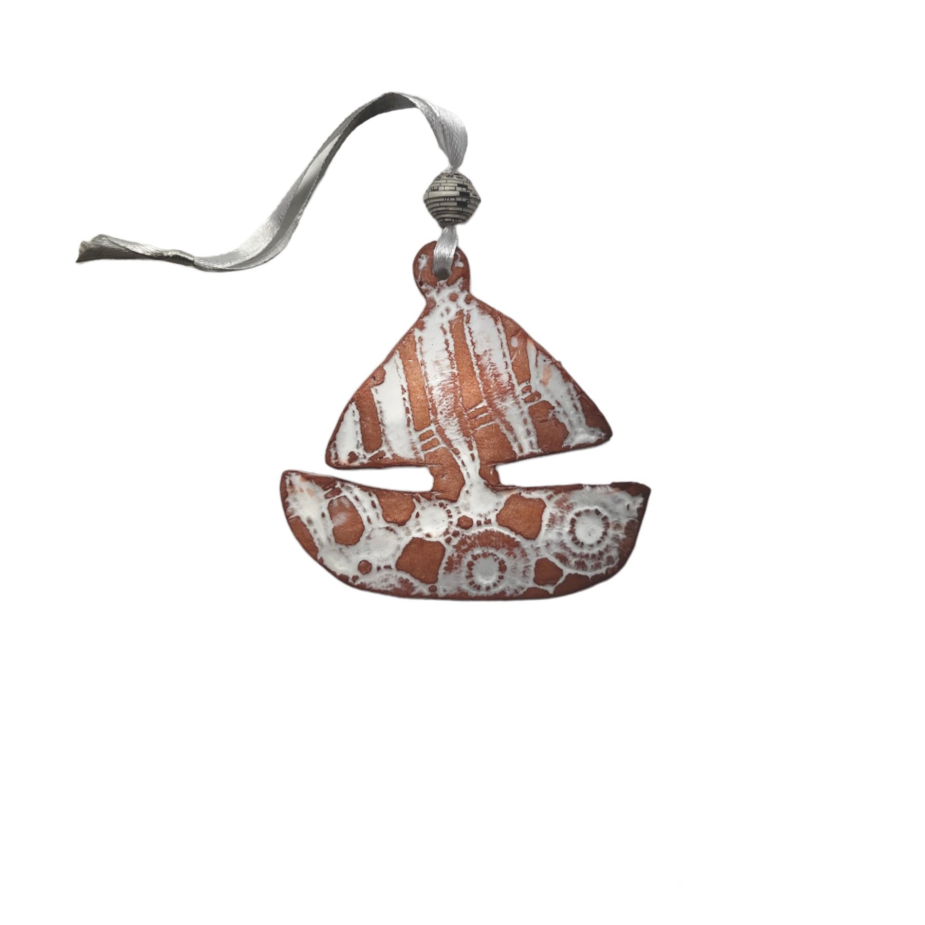 Handmade sailboat ceramic ornament Haiti fair trade — white lace coastal holiday decor