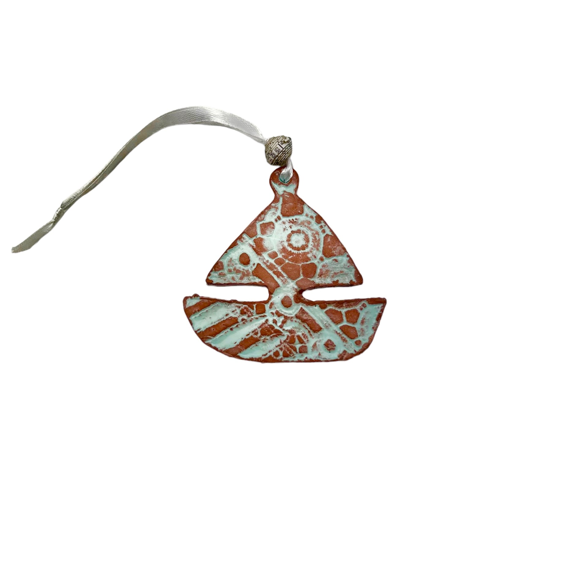 Handmade sailboat ceramic ornament Haiti fair trade — white lace coastal holiday decor