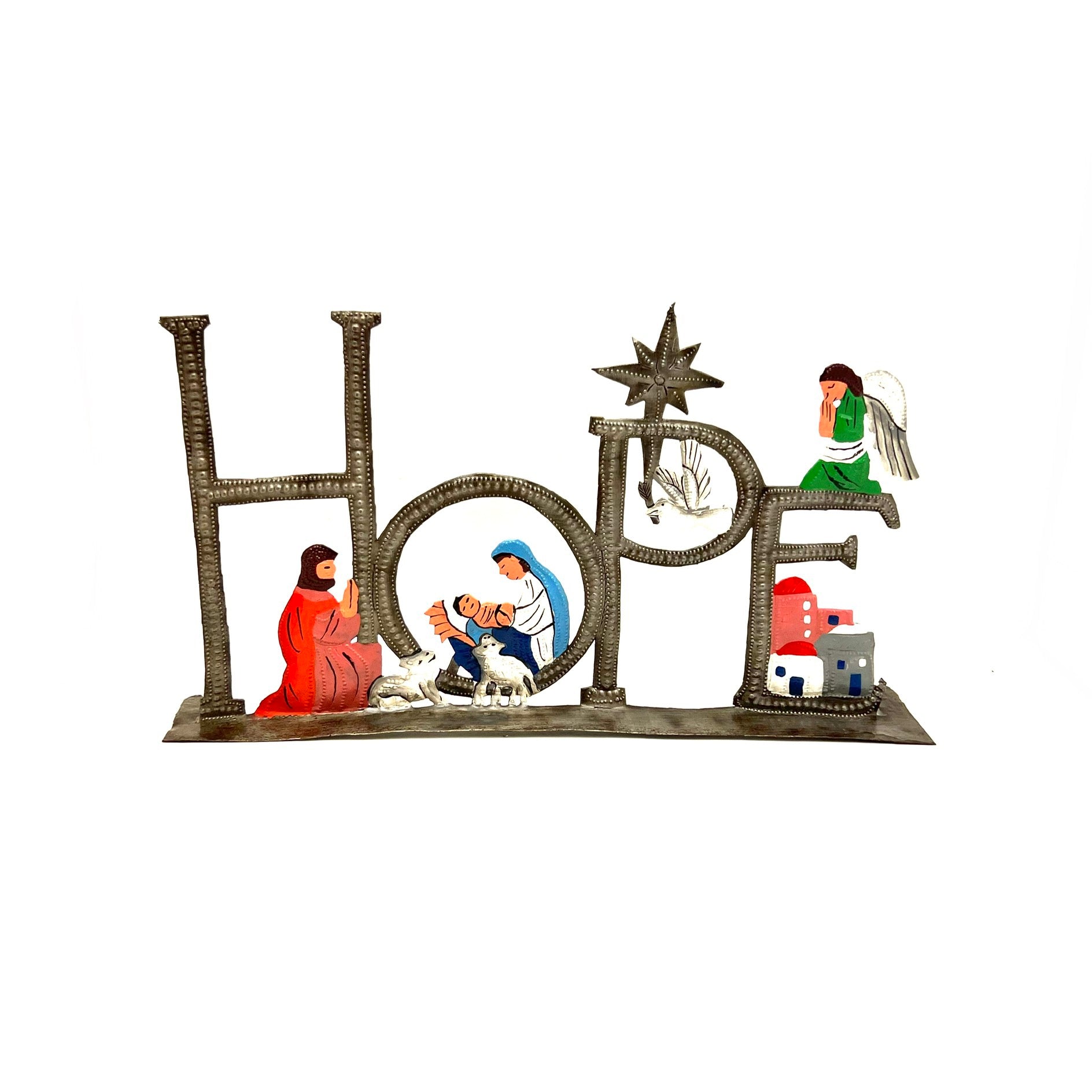 Hope nativity painted hand-hammered recycled steel drum Haiti 12 inch — fair trade Christmas display boutique