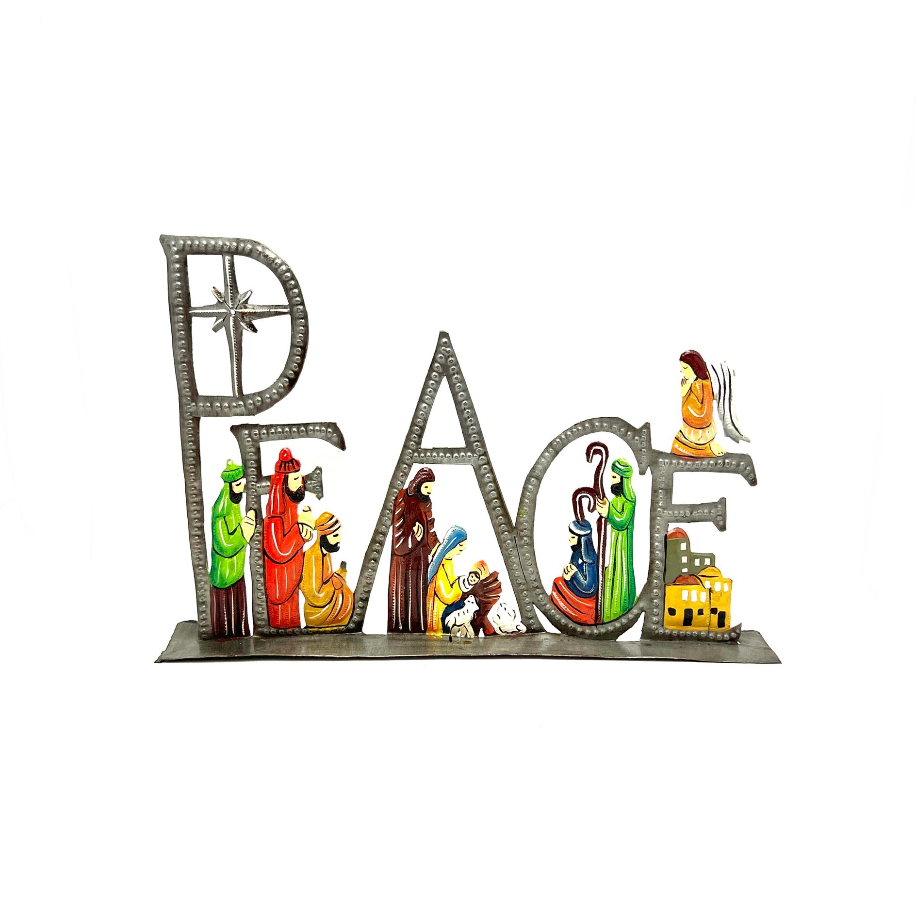 Peace nativity painted hand-hammered recycled steel drum Haiti 18 inch — fair trade Christmas display boutique