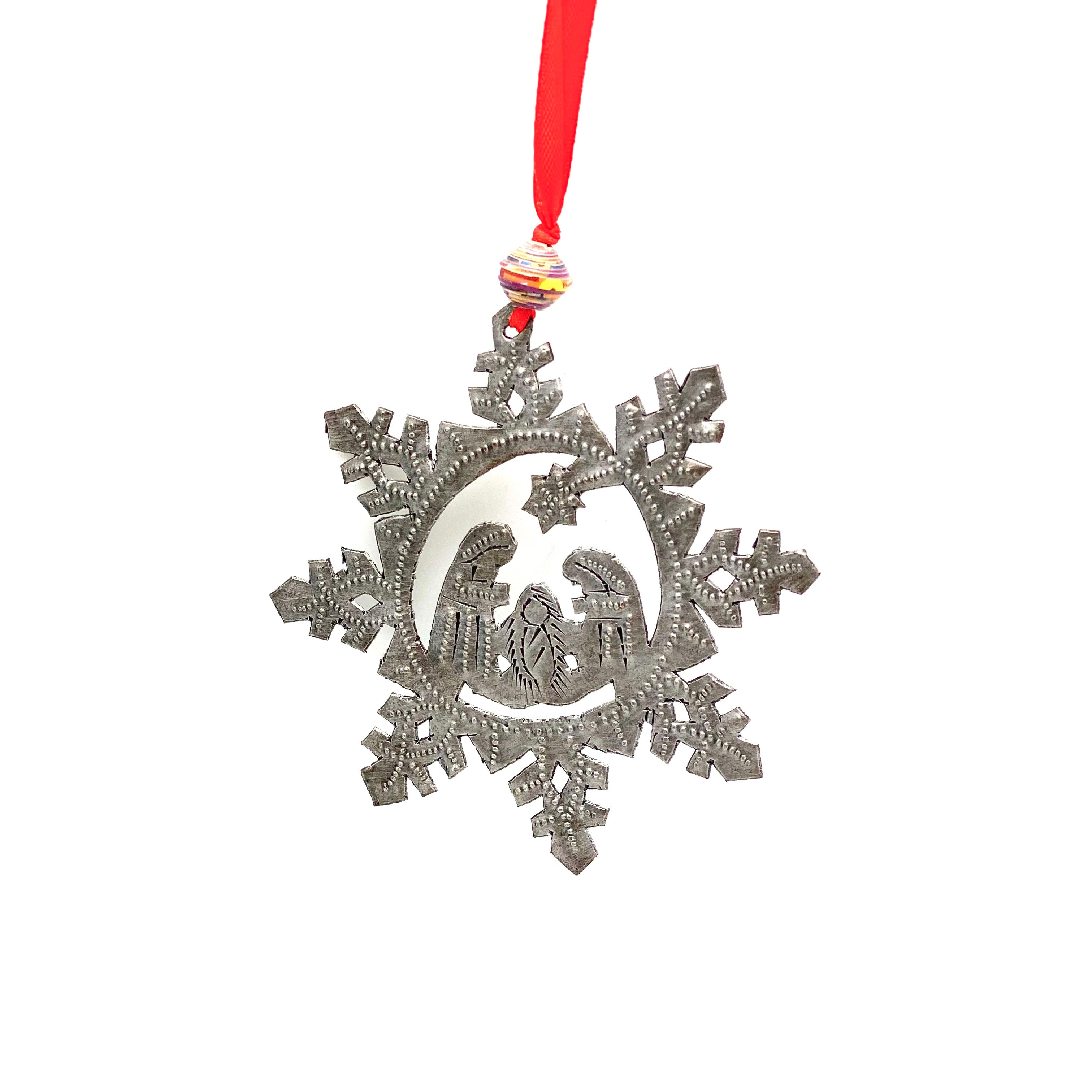 Snowflake nativity ornament handmade recycled steel drum Haiti 4x4 inch — fair trade Christmas boutique