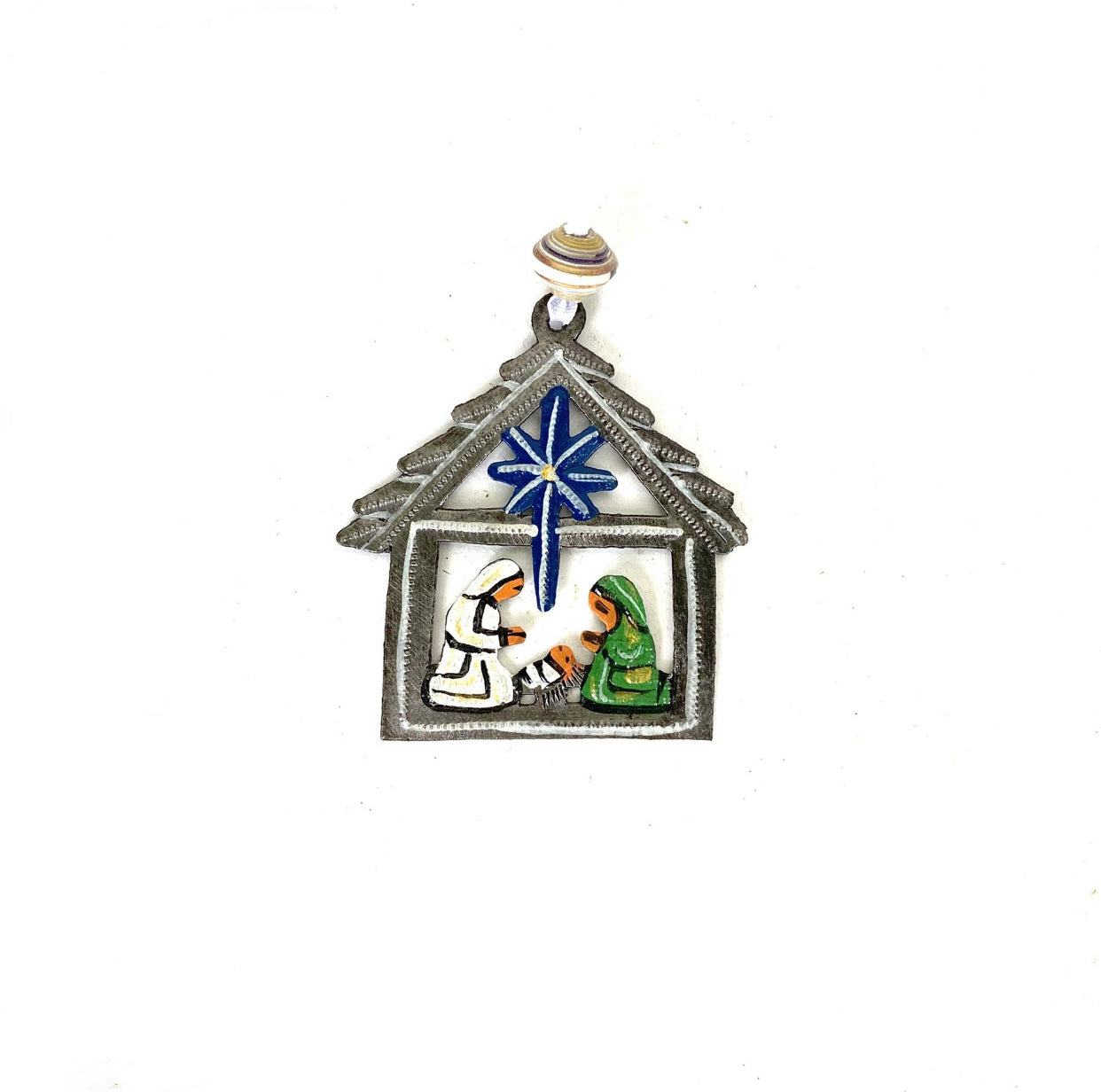 Star tiny nativity ornament handmade recycled steel drum Haiti — fair trade Christmas gift boutique