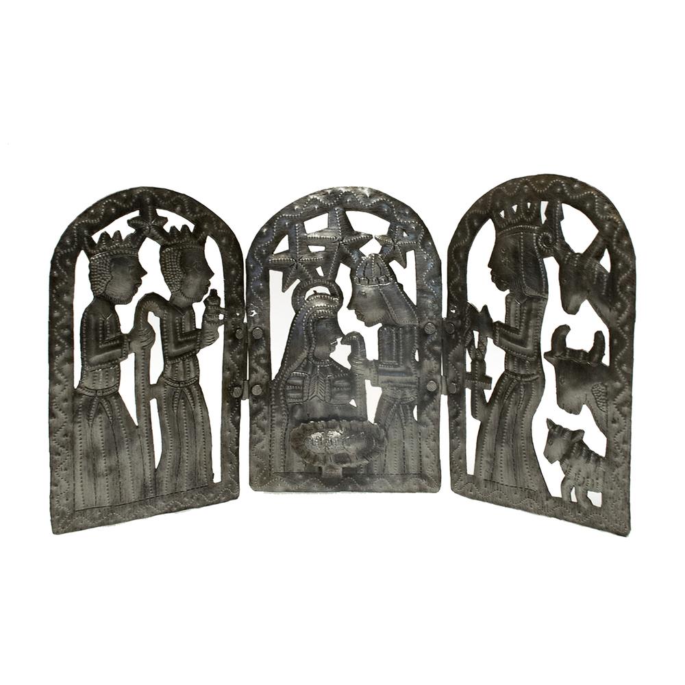 Trifold nativity scene handmade recycled steel drum Haiti 15 inch — fair trade Christmas display boutique