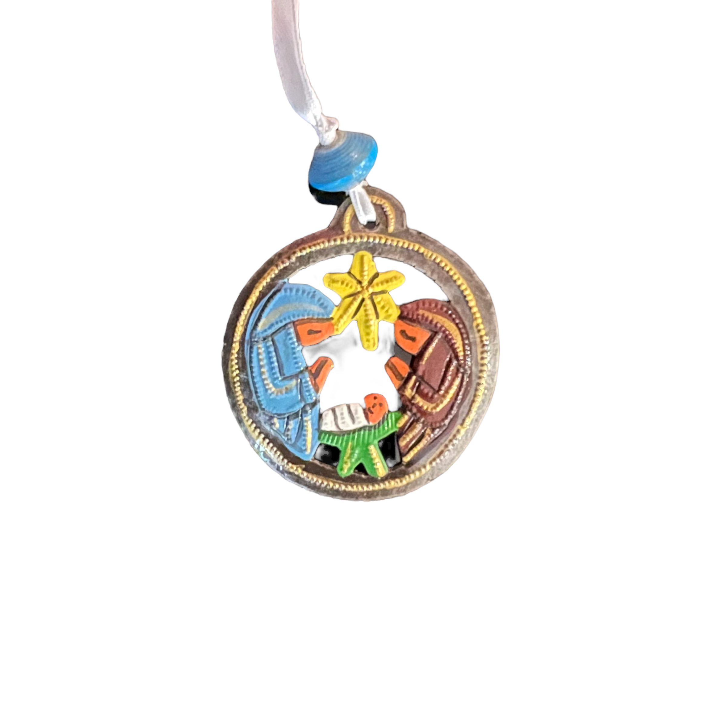 Circle nativity ornament 2 inch round handmade Haitian recycled steel drum Christmas