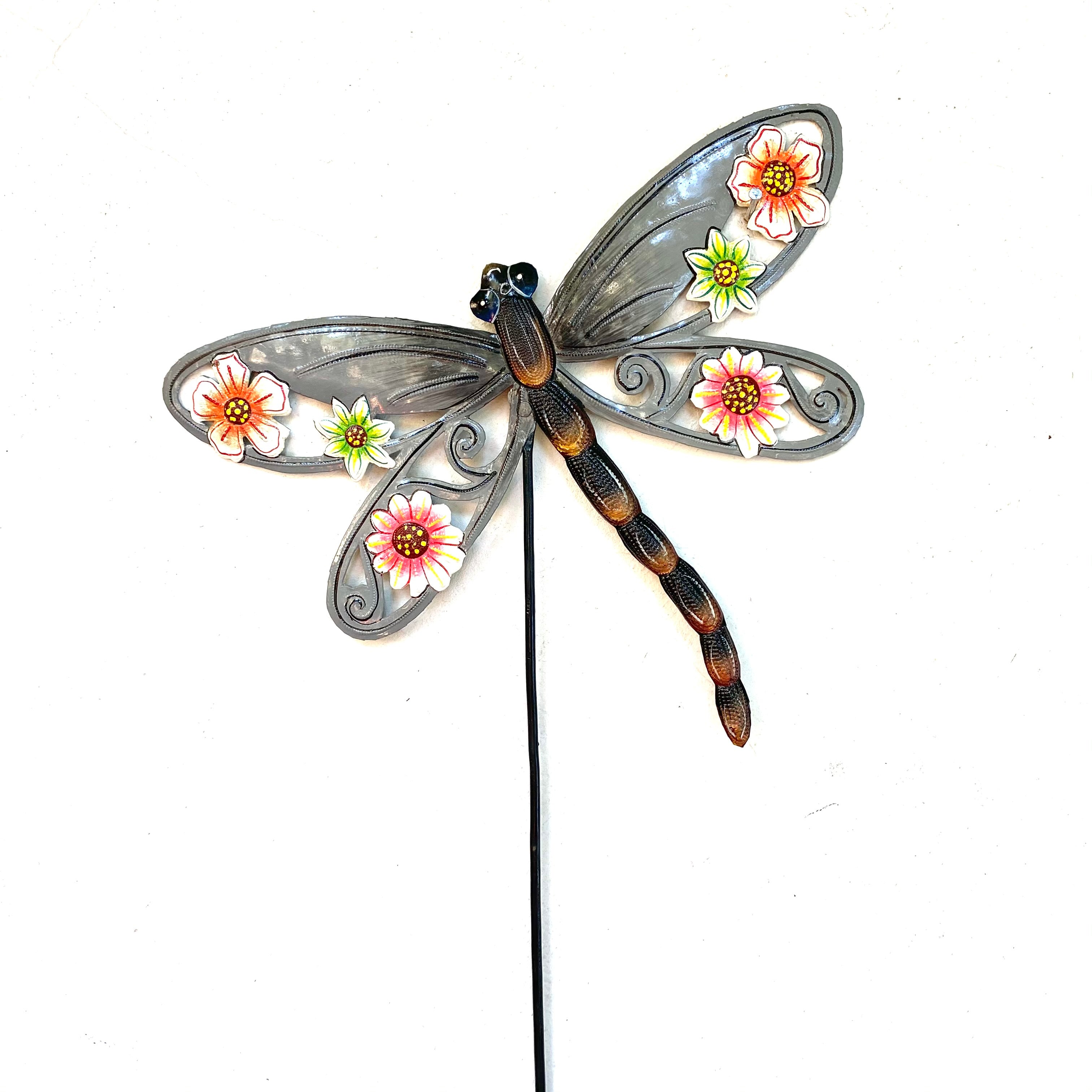 Silver Floral Dragonfly Garden Stake